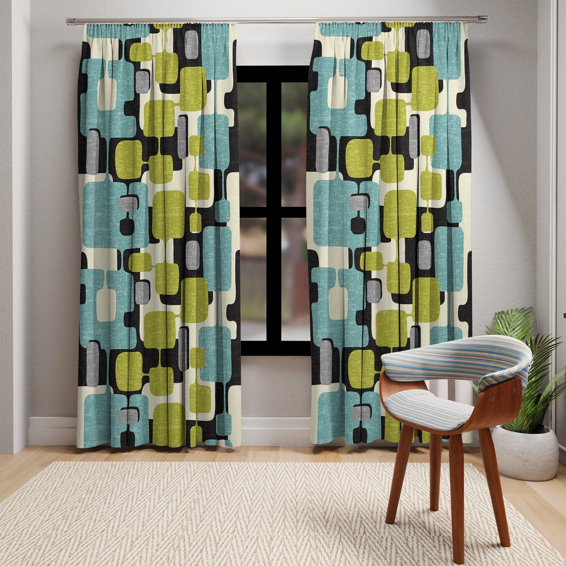 Kate McEnroe New York Mid Mod Geometric Abstract Retro Teal, Lime Green, Gray, Black Window CurtainsWindow CurtainsW3D - ORA - GRA - SH3