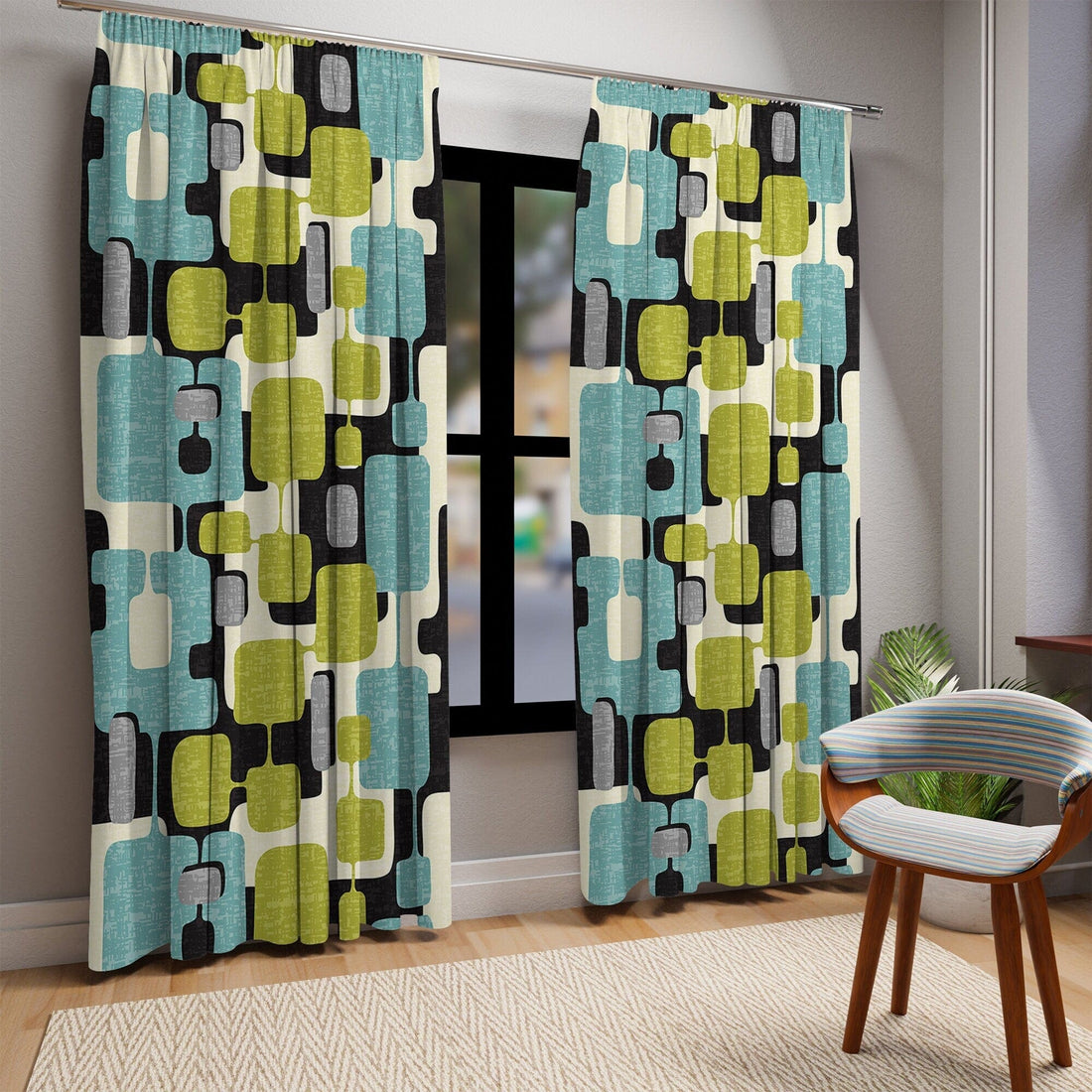 Kate McEnroe New York Mid Mod Geometric Abstract Retro Teal, Lime Green, Gray, Black Window CurtainsWindow CurtainsW3D - ORA - GRA - SH3