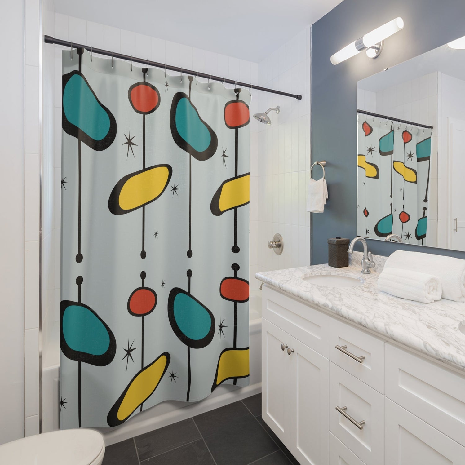 Kate McEnroe New York Mid Mod Geometric Retro Googie Shower Curtain, Mid Century Modern Atomic Starburst Bathroom DecorShower Curtains14639183775605414055