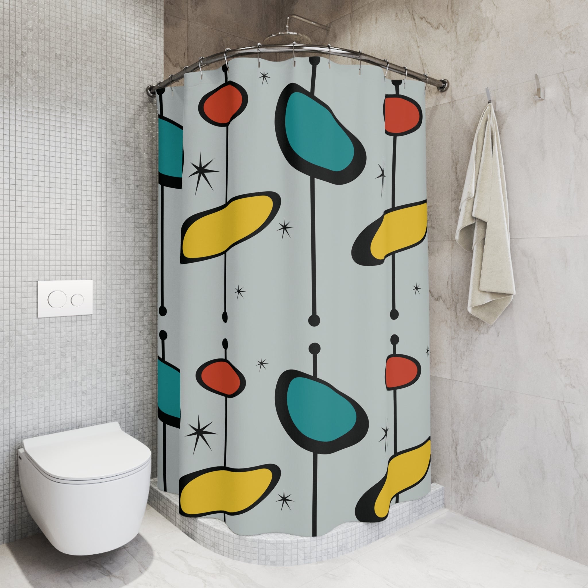 Kate McEnroe New York Mid Mod Geometric Retro Googie Shower Curtain, Mid Century Modern Atomic Starburst Bathroom DecorShower Curtains14639183775605414055