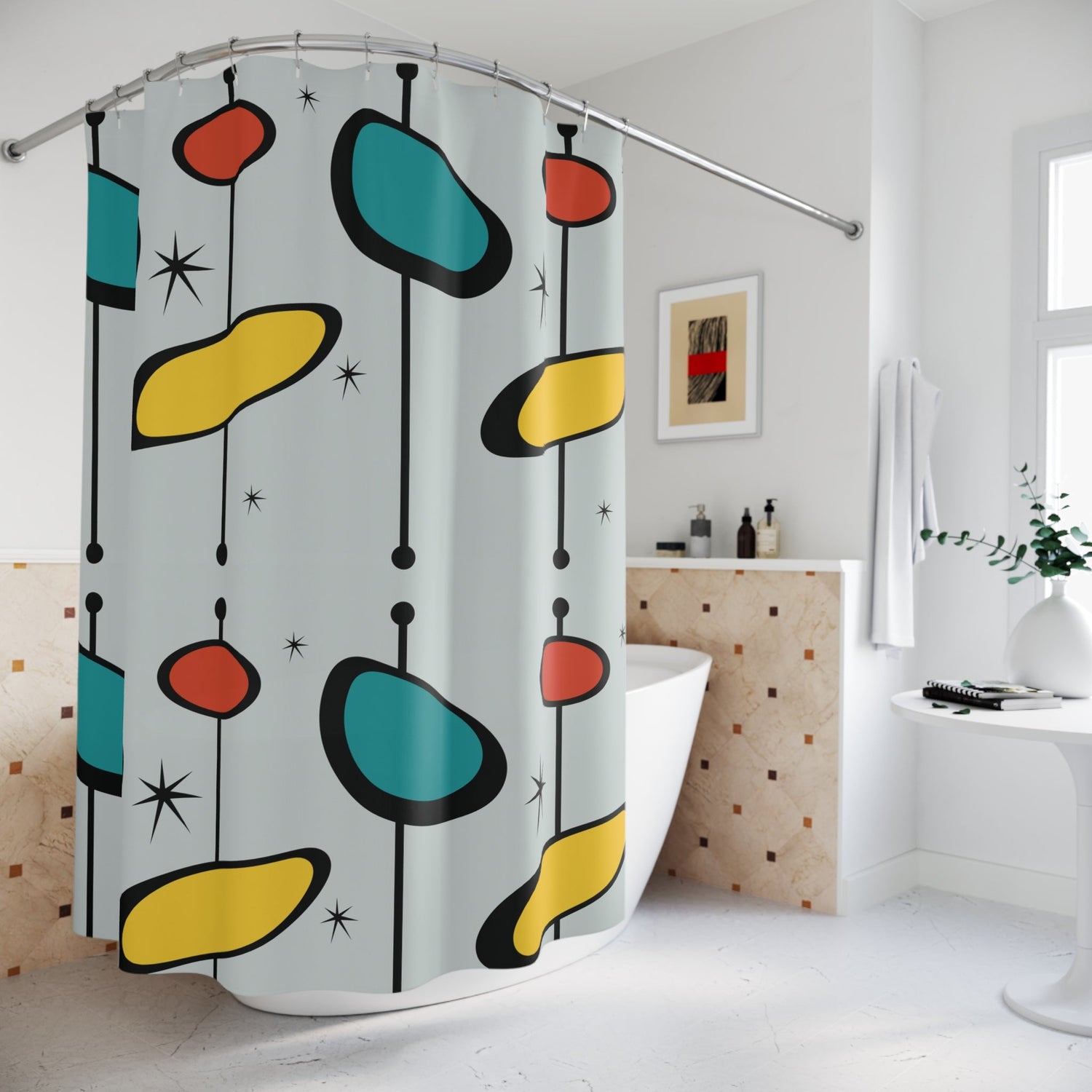 Kate McEnroe New York Mid Mod Geometric Retro Googie Shower Curtain, Mid Century Modern Atomic Starburst Bathroom DecorShower Curtains14639183775605414055