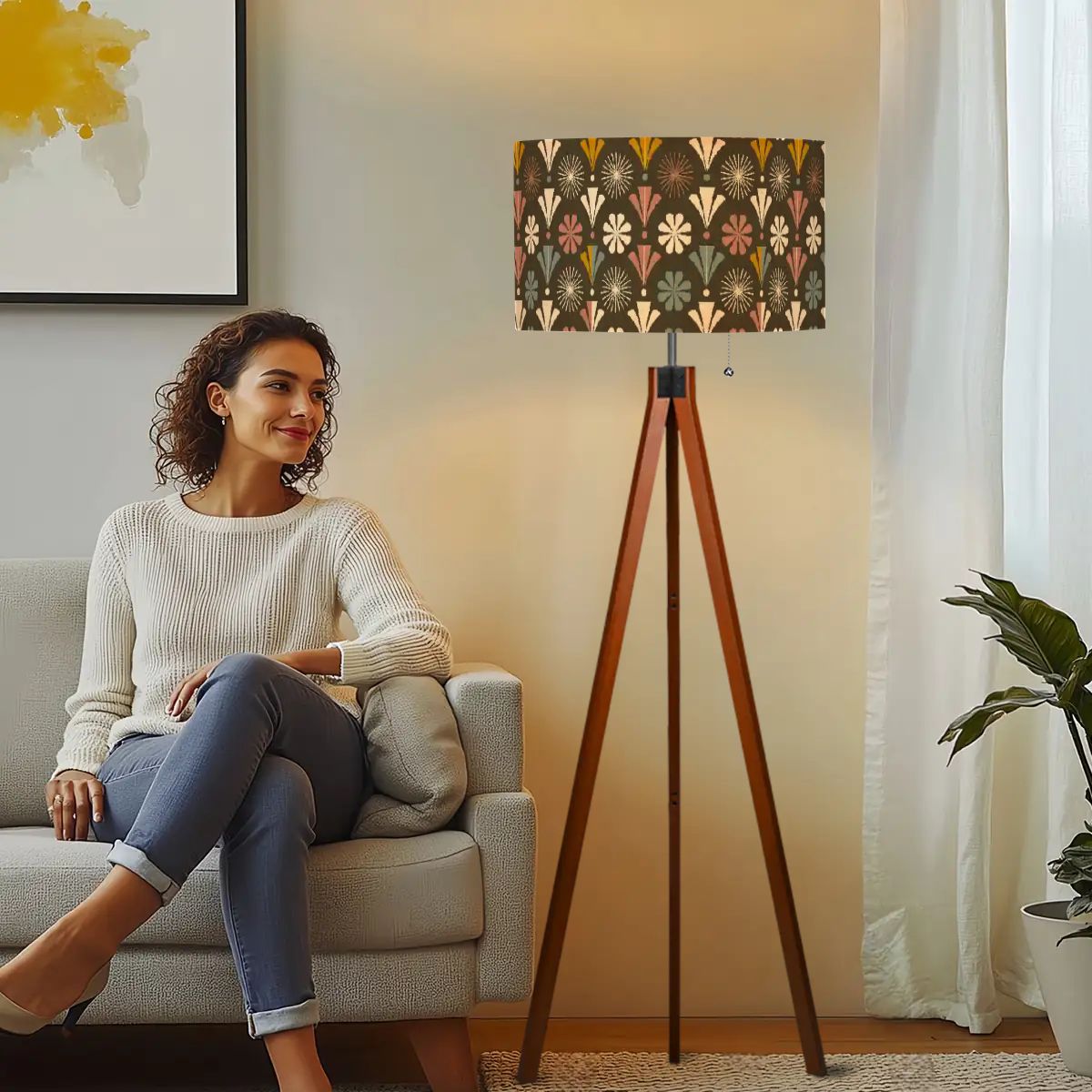 Kate McEnroe New York Mid Mod Groovy 60s Floral Starburst Mid Century Tripod Floor LampTripod Floor LampsHziqiUJ0dI