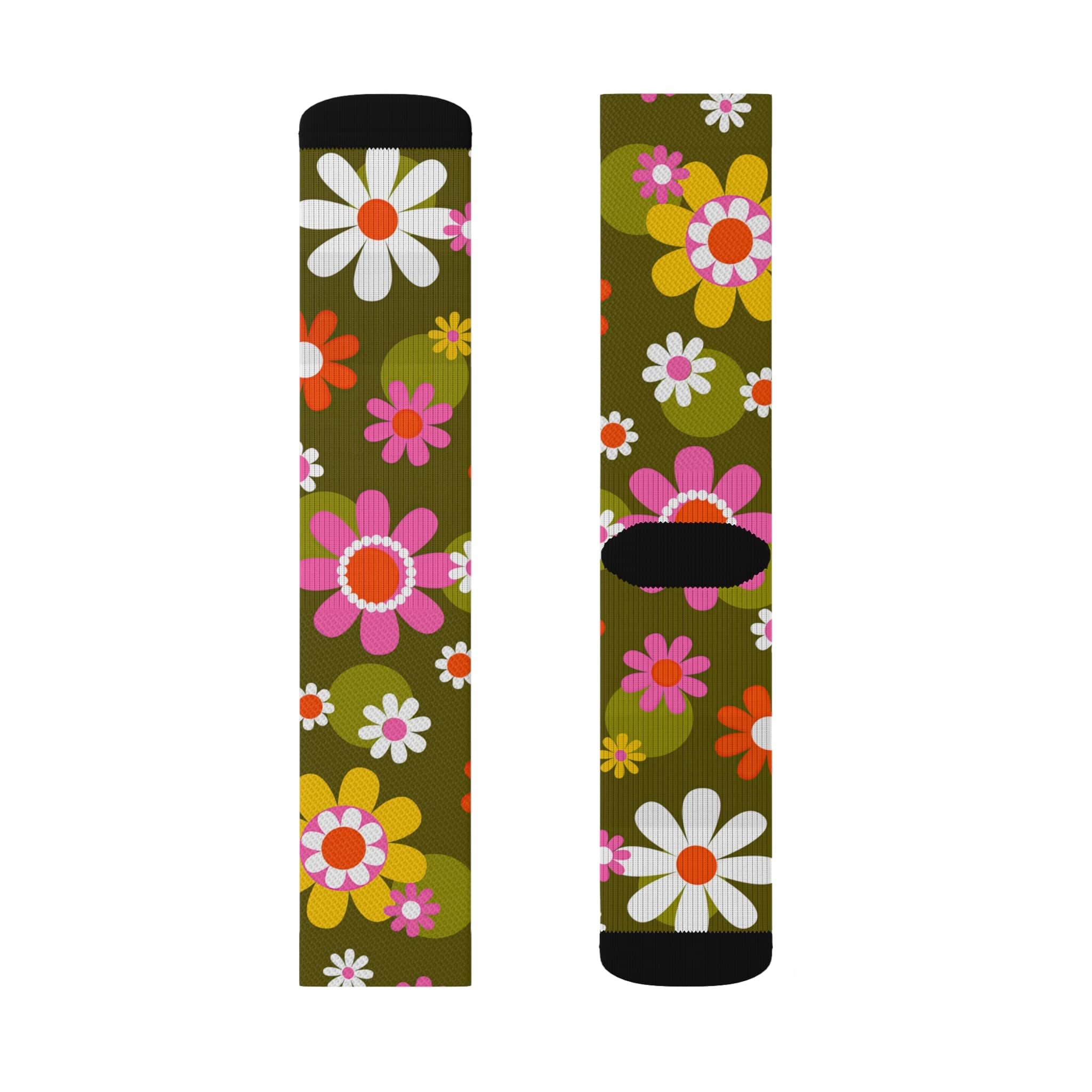 Printify Mid Mod Groovy Daisy Flower Power Crew Length Socks, Fleece Lined, Ribbed Tube, Cushioned Bottom, 70s Retro Hippie Mid Mod Floral Footwear All Over Prints