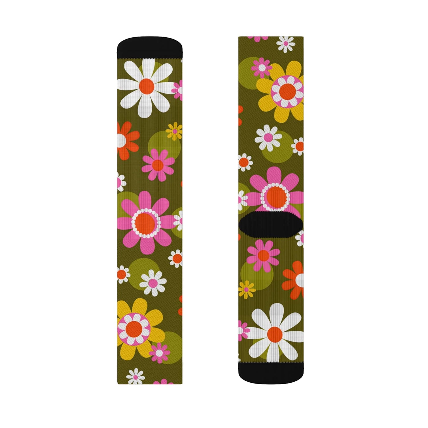 Kate McEnroe New York Mid Mod Groovy Daisy Flower Power Crew Length Socks, Fleece Lined, Ribbed Tube, Cushioned Bottom, 70s Retro Hippie Mid Mod Floral FootwearSocks29768897062320488982