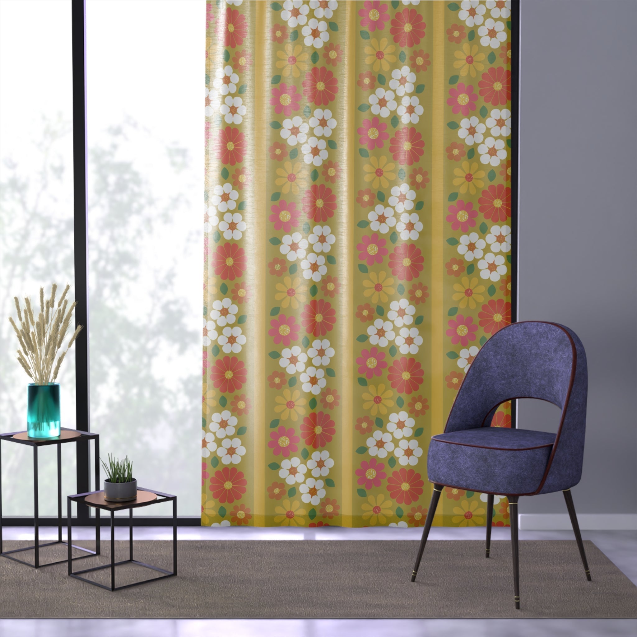 Kate McEnroe New York Mid Mod Groovy Daisy Sheer Curtain, Retro Floral Hippie Window Panel, Vintage Harvest Gold 60s DecorWindow Curtains24500655767704558976
