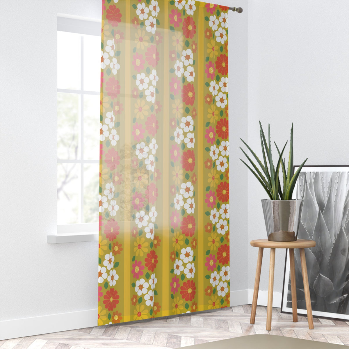 Kate McEnroe New York Mid Mod Groovy Daisy Sheer Curtain, Retro Floral Hippie Window Panel, Vintage Harvest Gold 60s DecorWindow Curtains24500655767704558976