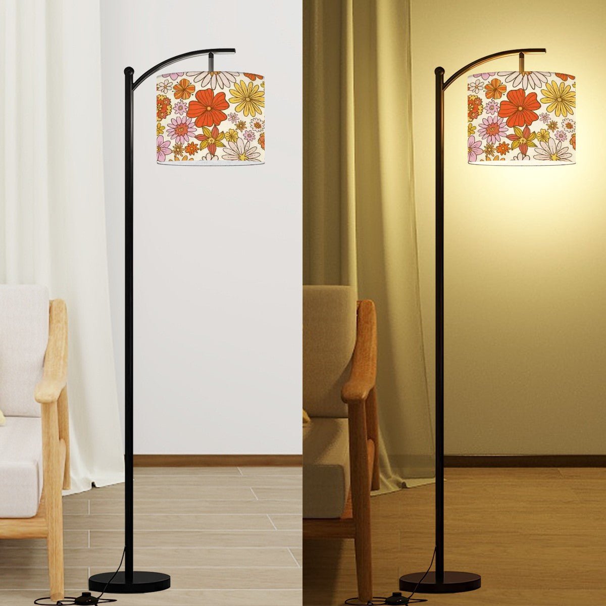 Kate McEnroe New York Mid Mod Groovy Floral Daisy Arc Floor Lamp, Retro 70s Hippie Mid Century Modern Living Room, Bedroom or Office Light AccentFloor LampsGXTFpV2q1P