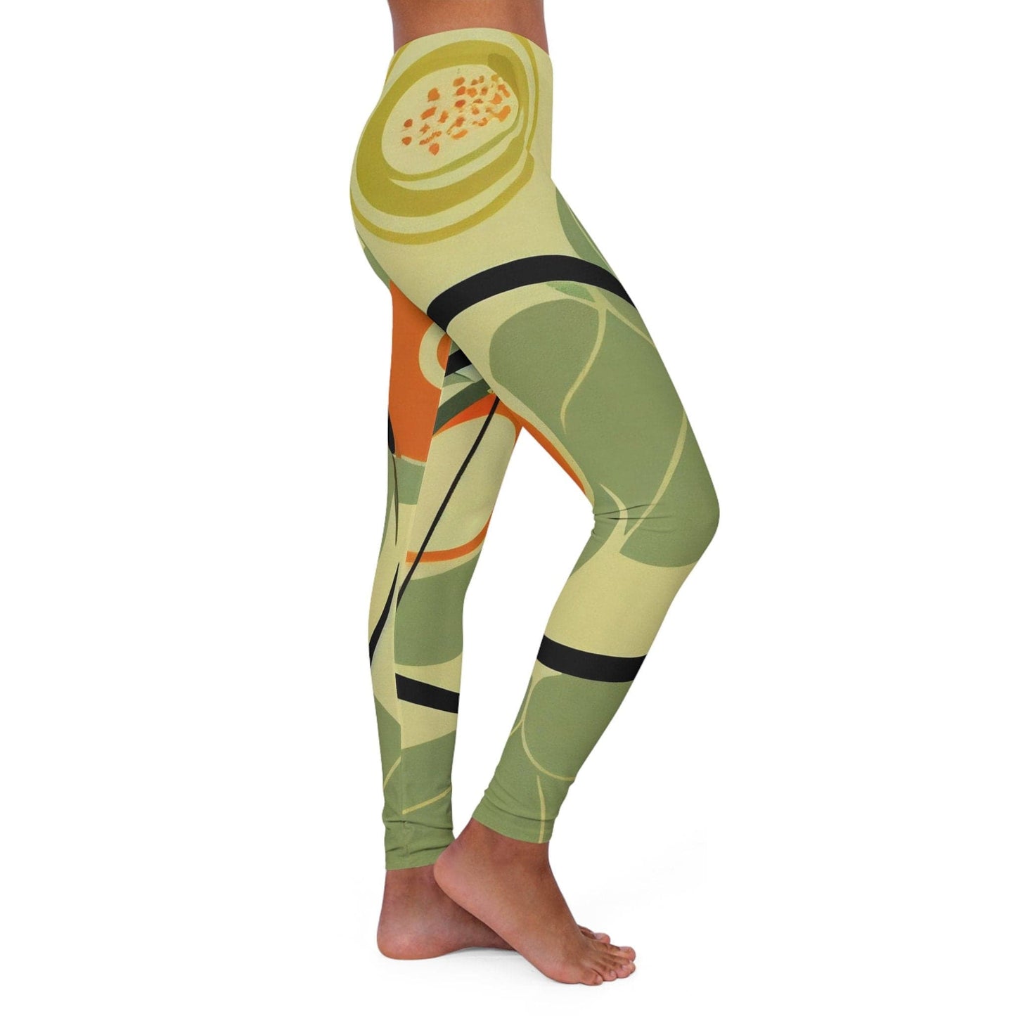 Kate McEnroe New York Mid Mod Groovy Hippie Retro Women's Spandex Leggings, 70s Burnt Orange & Green Yoga Wear Leggings