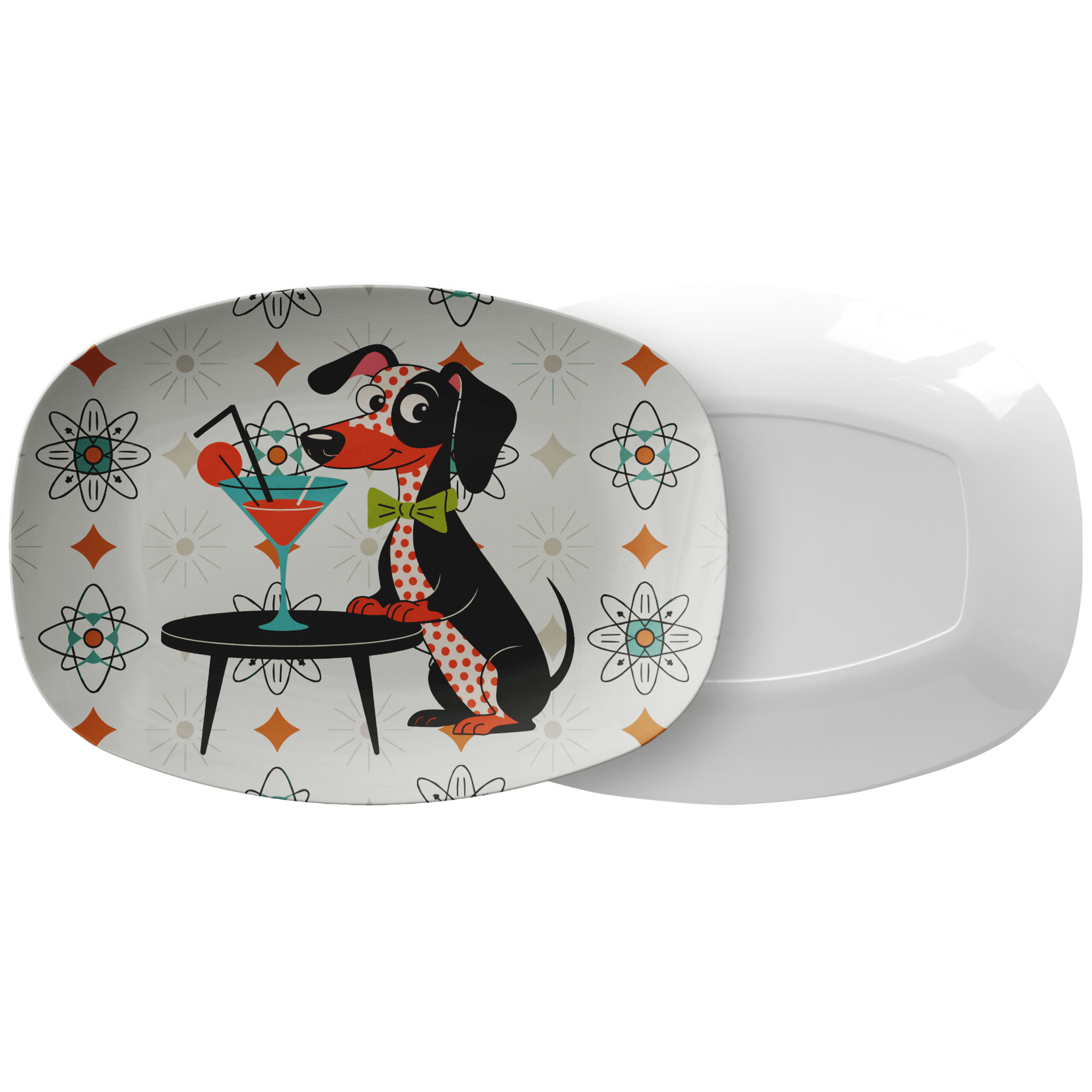 Kate McEnroe New York Mid Mod Kitsch Dachshund Dog, Atomic Starbursts, Doxie Dog MCM Cocktail PlatterServing PlattersDACDOGPLT2
