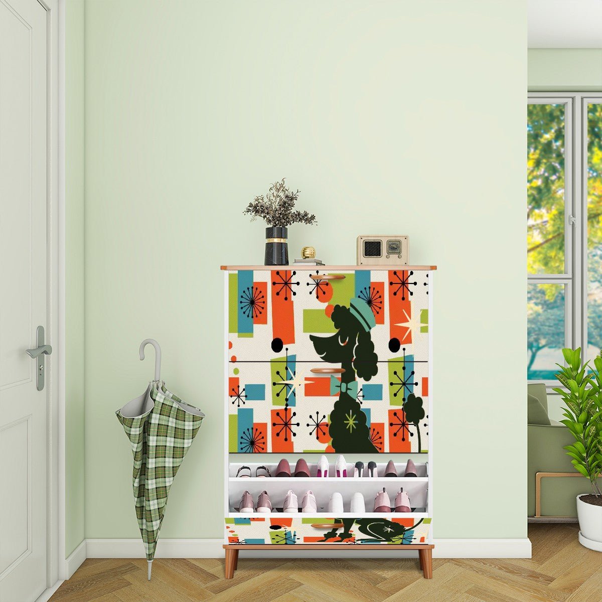Kate McEnroe New York Mid Mod Poodle Shoe Cabinet, Orange Blue Green Starburst Storage Chest, 50s Retro Entry OrganizerShoe Storage5XkXX3jdL2