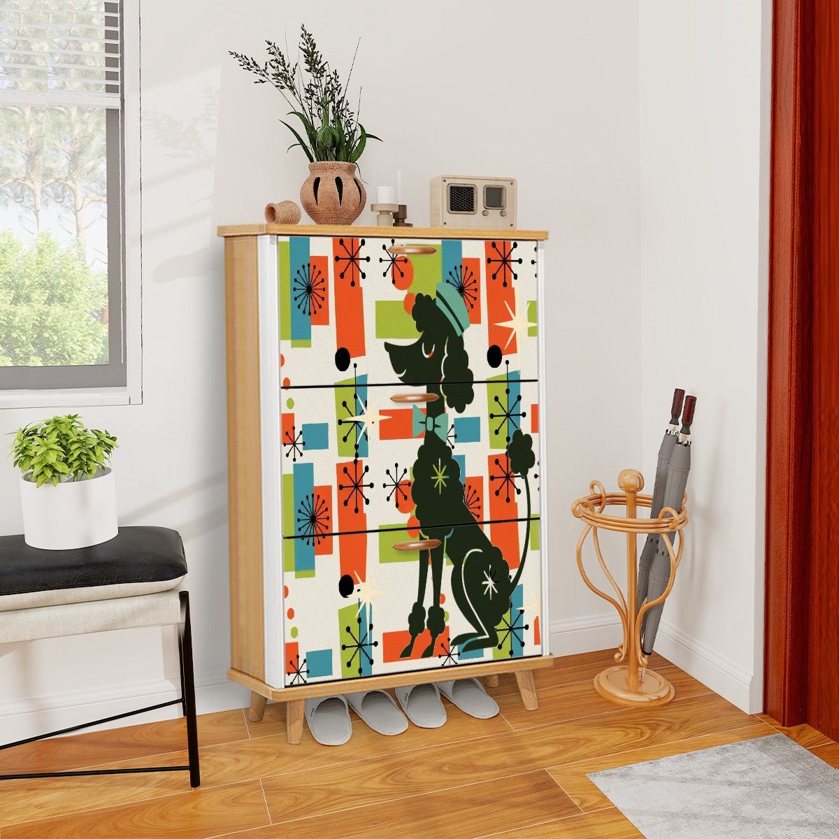 Kate McEnroe New York Mid Mod Poodle Shoe Cabinet, Orange Blue Green Starburst Storage Chest, 50s Retro Entry OrganizerShoe Storage5XkXX3jdL2