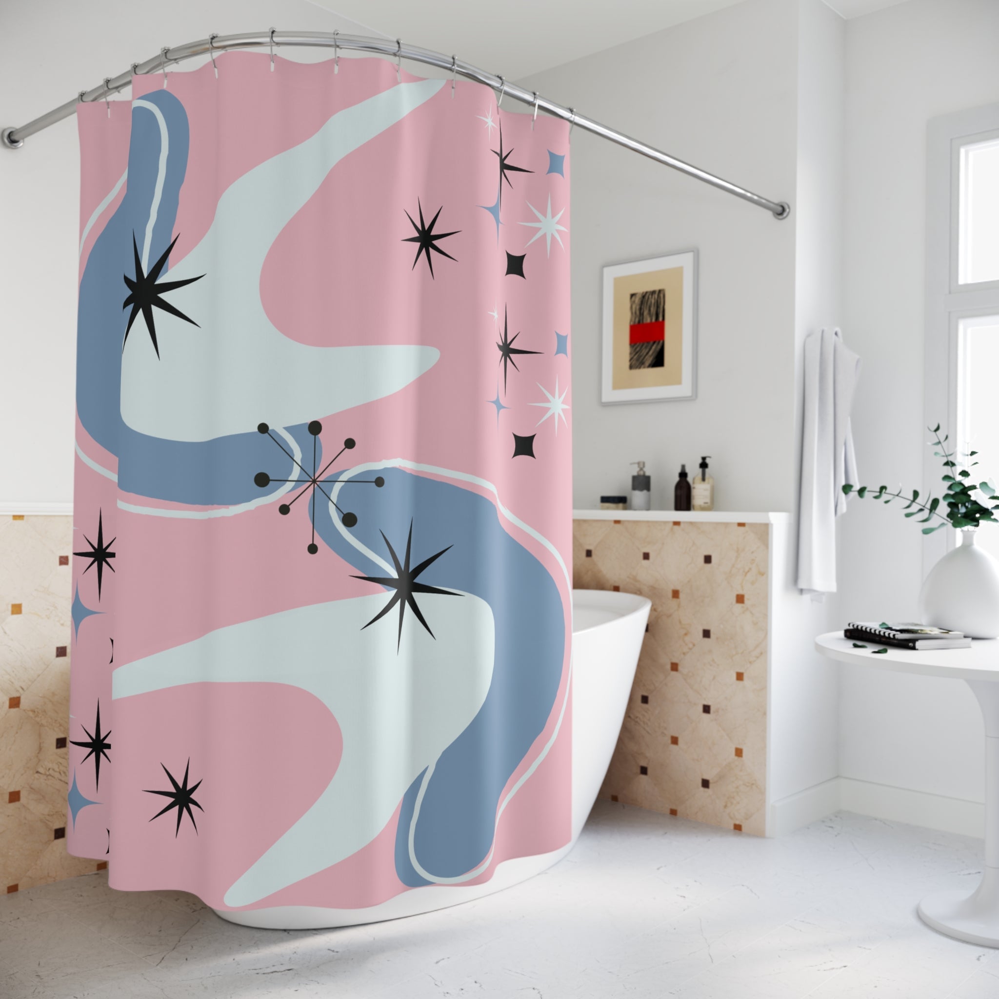 Kate McEnroe New York Mid Mod Retro Atomic Boomerang Starburst Pink Shower CurtainShower Curtains32757465093476880920