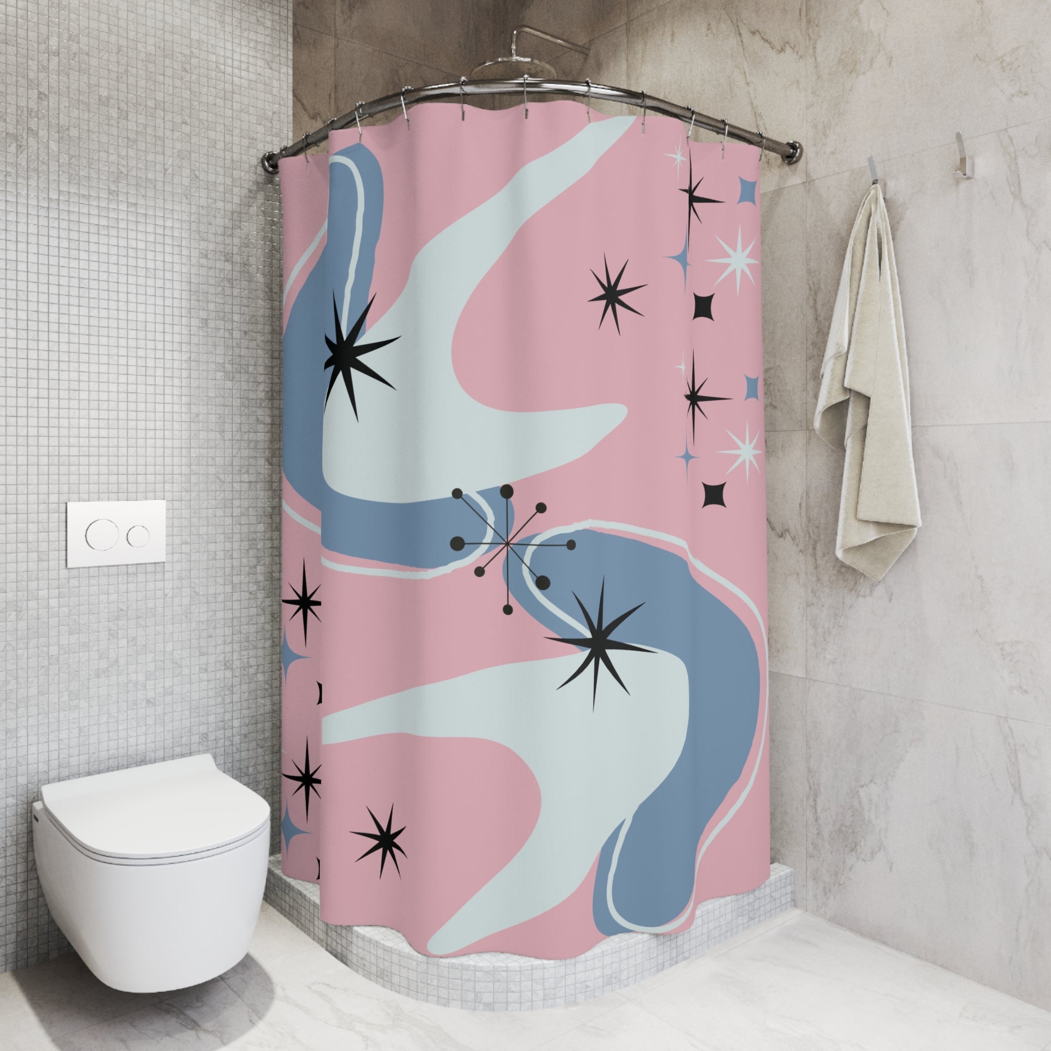 Kate McEnroe New York Mid Mod Retro Atomic Boomerang Starburst Pink Shower CurtainShower Curtains32757465093476880920