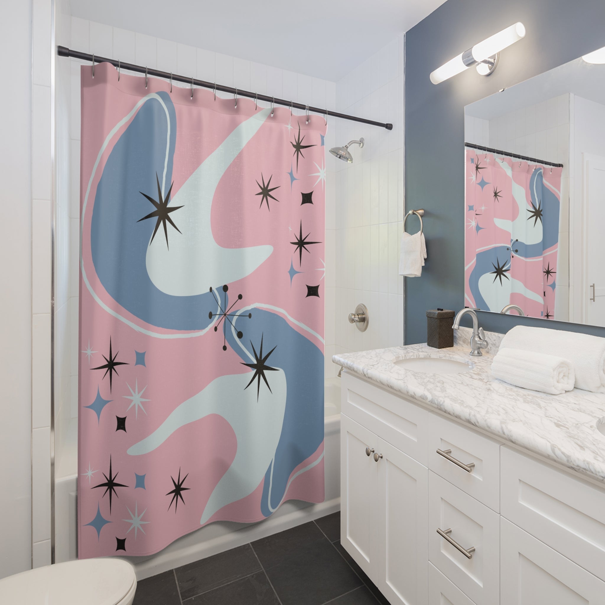Kate McEnroe New York Mid Mod Retro Atomic Boomerang Starburst Pink Shower CurtainShower Curtains32757465093476880920