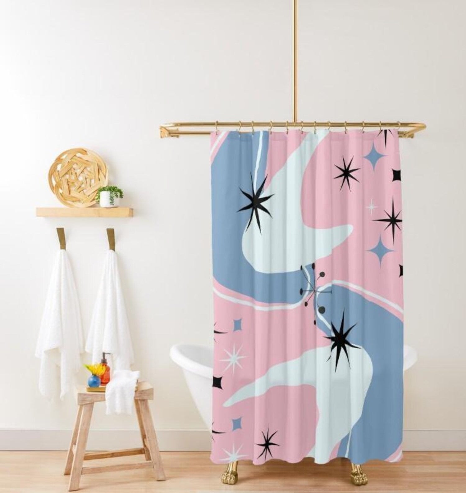 Kate McEnroe New York Mid Mod Retro Atomic Boomerang Starburst Pink Shower CurtainShower Curtains32757465093476880920