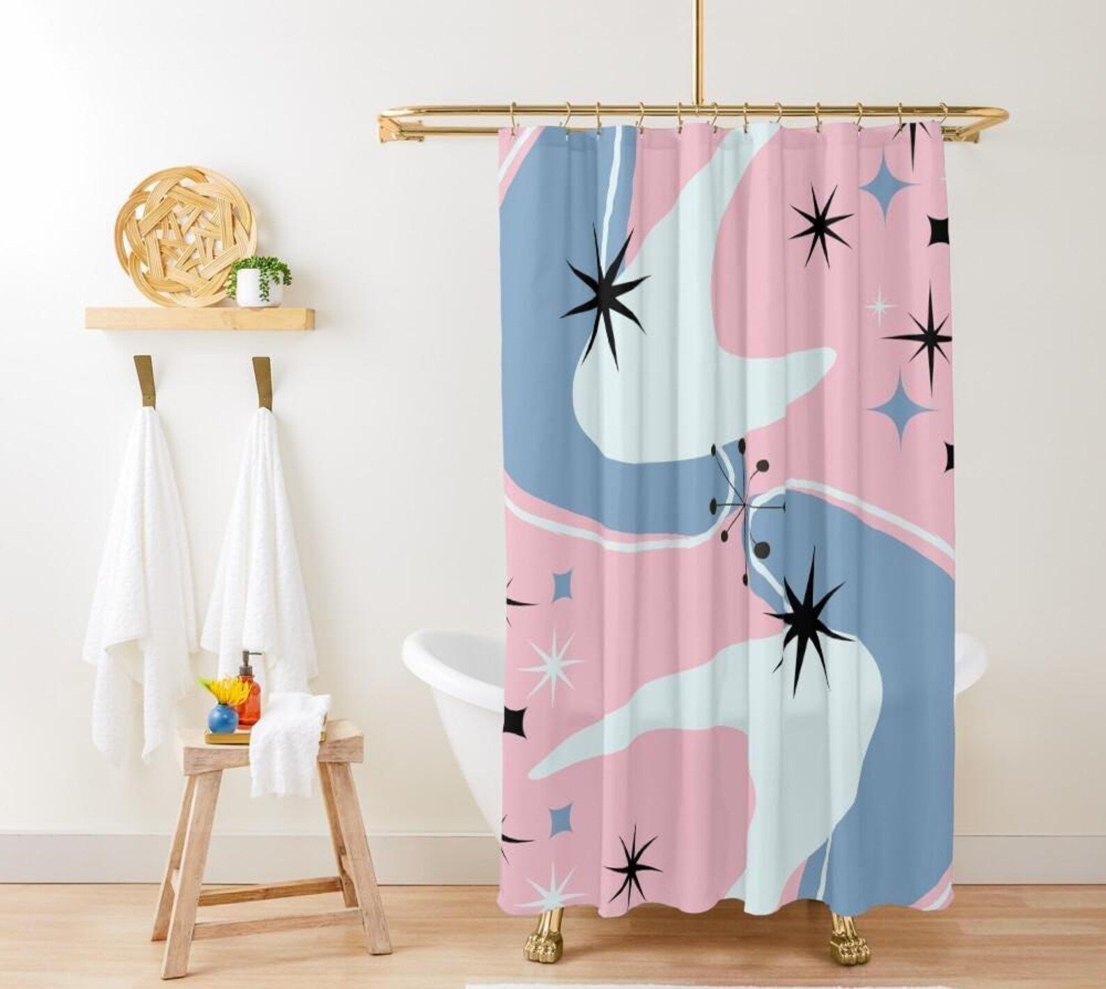 Kate McEnroe New York Mid Mod Retro Atomic Boomerang Starburst Pink Shower CurtainShower Curtains32757465093476880920