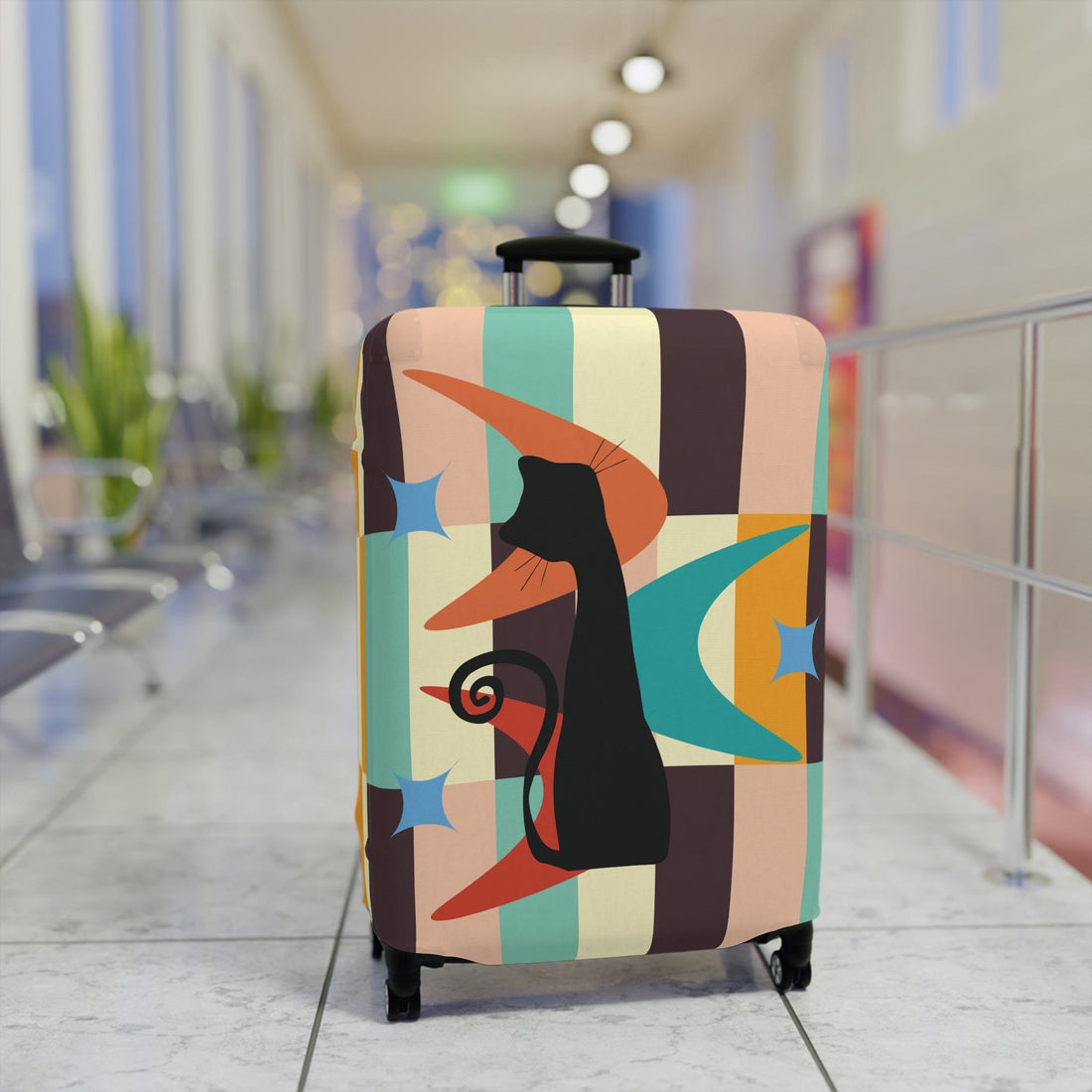 Printify Mid Mod Retro Atomic Cat Luggage Cover, MCM Starburst Swanky Pastel Color Blocks, Hip Travel Case Decor Accessories 28&