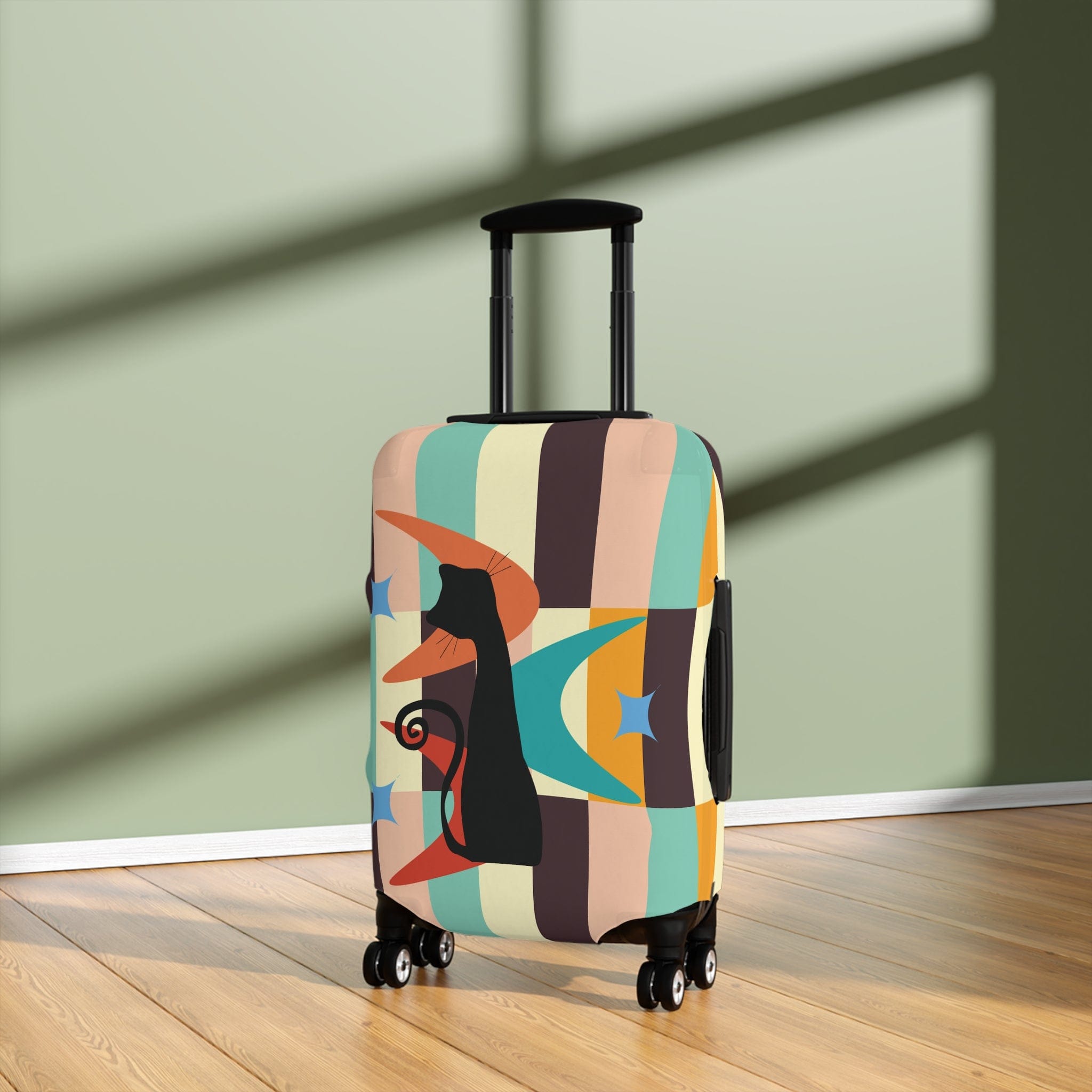 Kate McEnroe New York Mid Mod Retro Atomic Cat Luggage Cover, MCM Starburst Swanky Pastel Color Blocks, Hip Travel Case Decor Luggage Covers