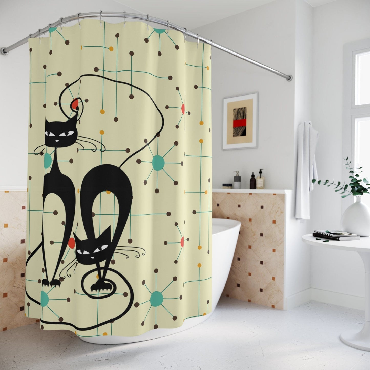 Kate McEnroe New York Mid Mod Retro Atomic Cat Shower Curtain, MCM Retro Kitschy, Mid Century Modern Starburst Bathroom Decor - 128782023 Shower Curtains