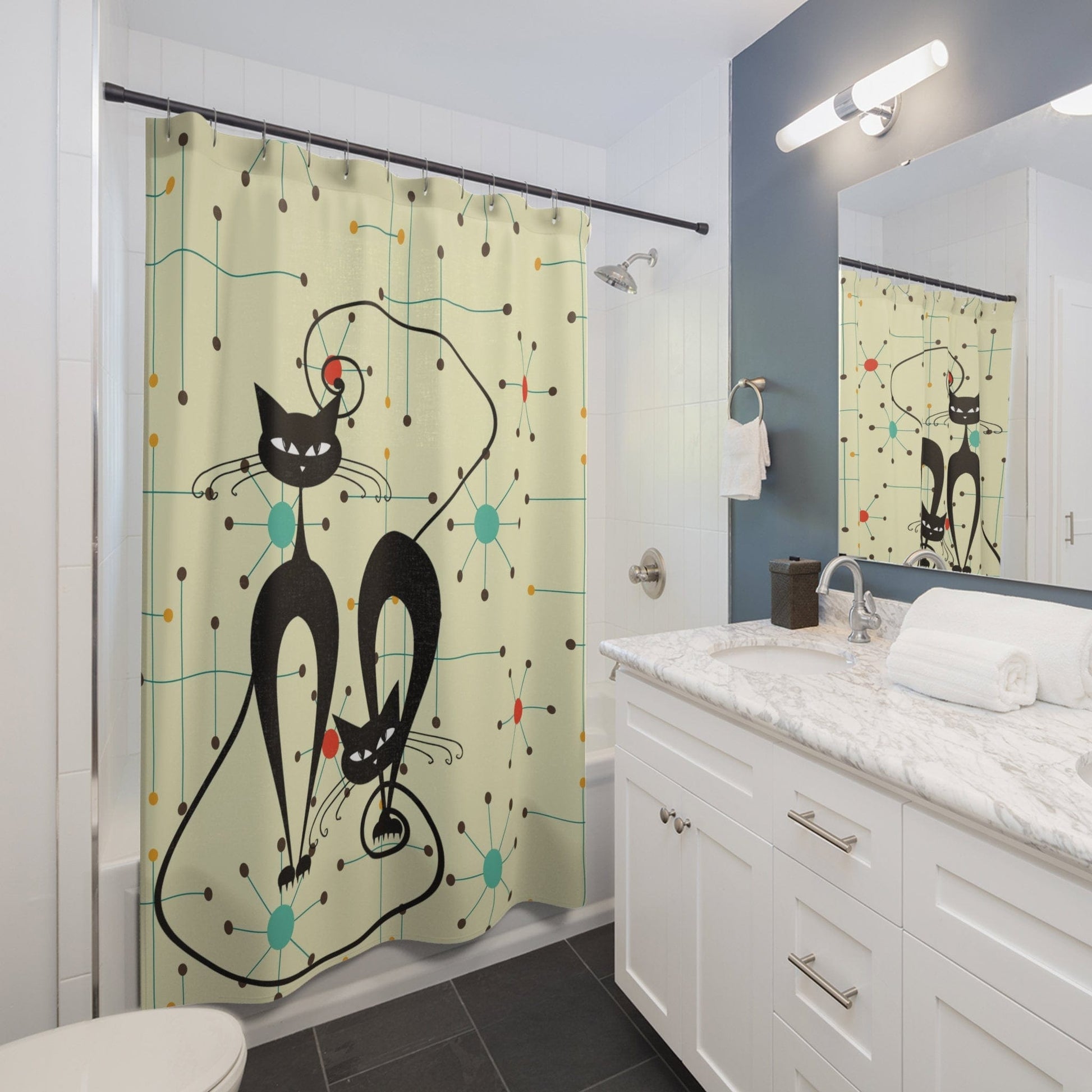 Kate McEnroe New York Mid Mod Retro Atomic Cat Shower Curtain, MCM Retro Kitschy, Mid Century Modern Starburst Bathroom Decor - 128782023 Shower Curtains