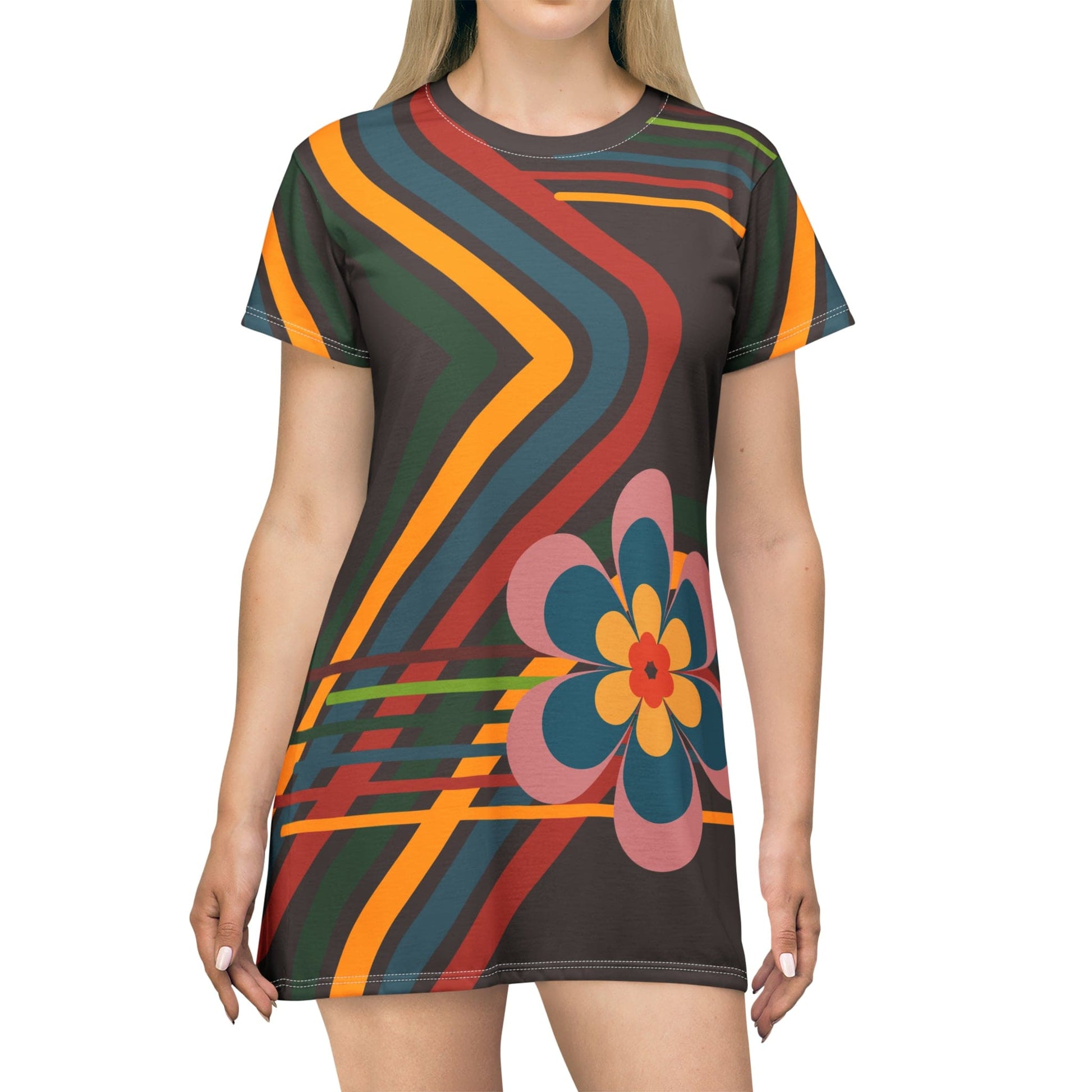 Kate McEnroe New York Mid Mod Retro Flower Power Party Dress, Brown, Orange, Yellow, Blue Geometric Mid Century Modern T-Shirt Dress Dresses XS 21606554111726217291