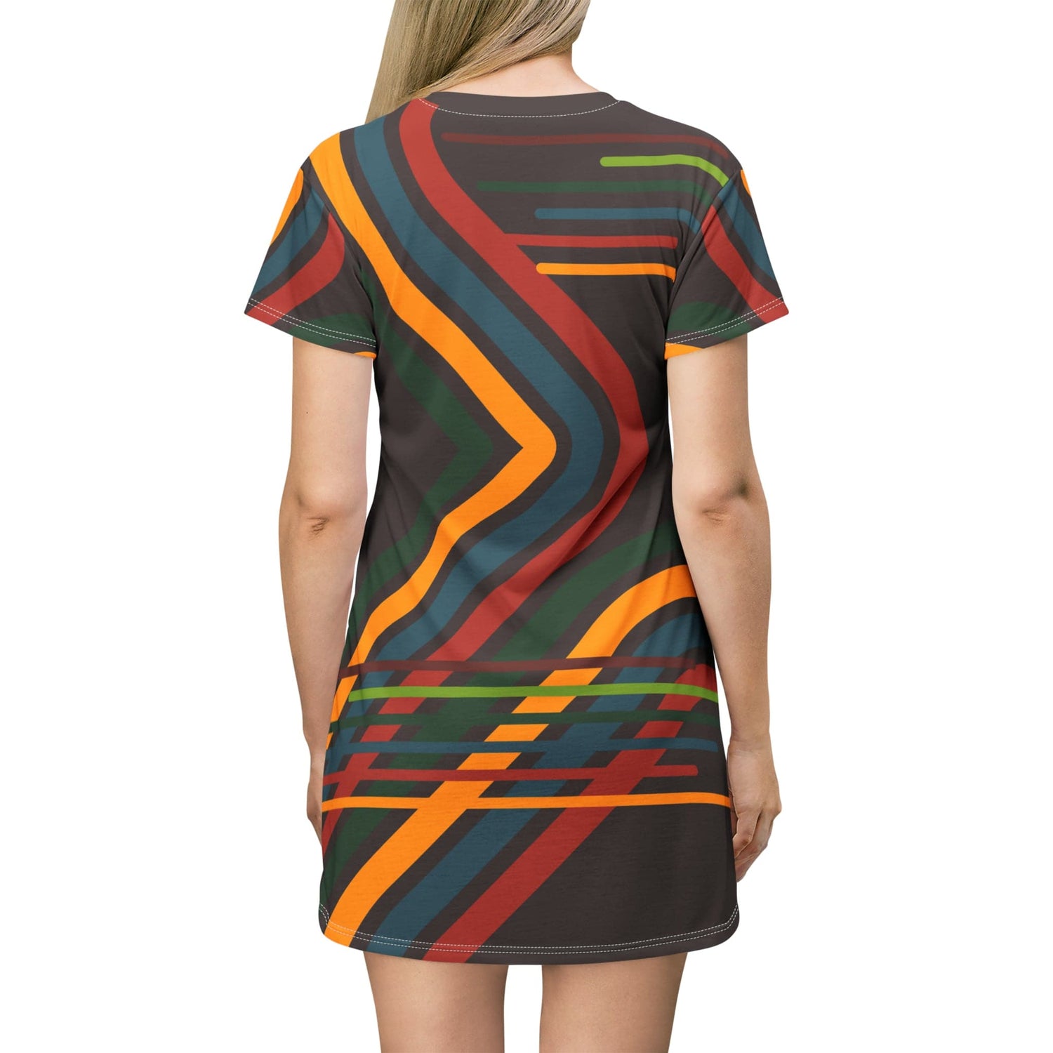 Kate McEnroe New York Mid Mod Retro Flower Power Party Dress, Brown, Orange, Yellow, Blue Geometric Mid Century Modern T - Shirt DressDresses21606554111726217291