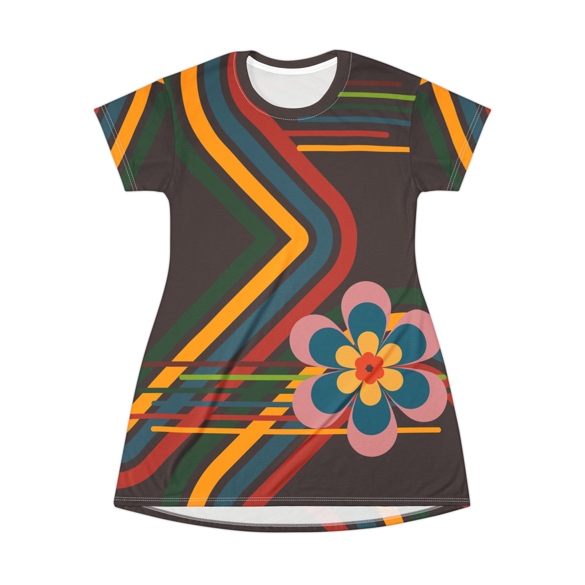 Kate McEnroe New York Mid Mod Retro Flower Power Party Dress, Brown, Orange, Yellow, Blue Geometric Mid Century Modern T - Shirt DressDresses21606554111726217291