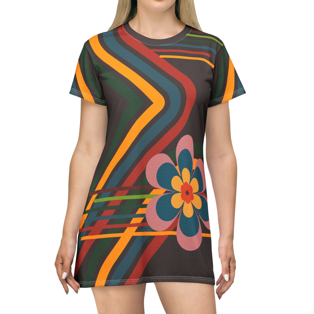 Kate McEnroe New York Mid Mod Retro Flower Power Party Dress, Brown, Orange, Yellow, Blue Geometric Mid Century Modern T - Shirt DressDresses21606554111726217291