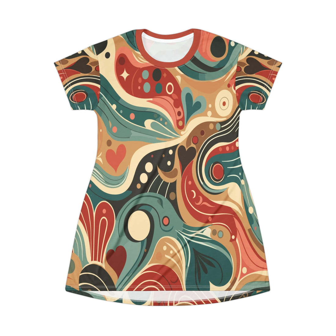 Printify Mid Mod Retro Swirl T-Shirt Dress, Groovy Hippie Psychedelic Hipster Style Party Dress All Over Prints