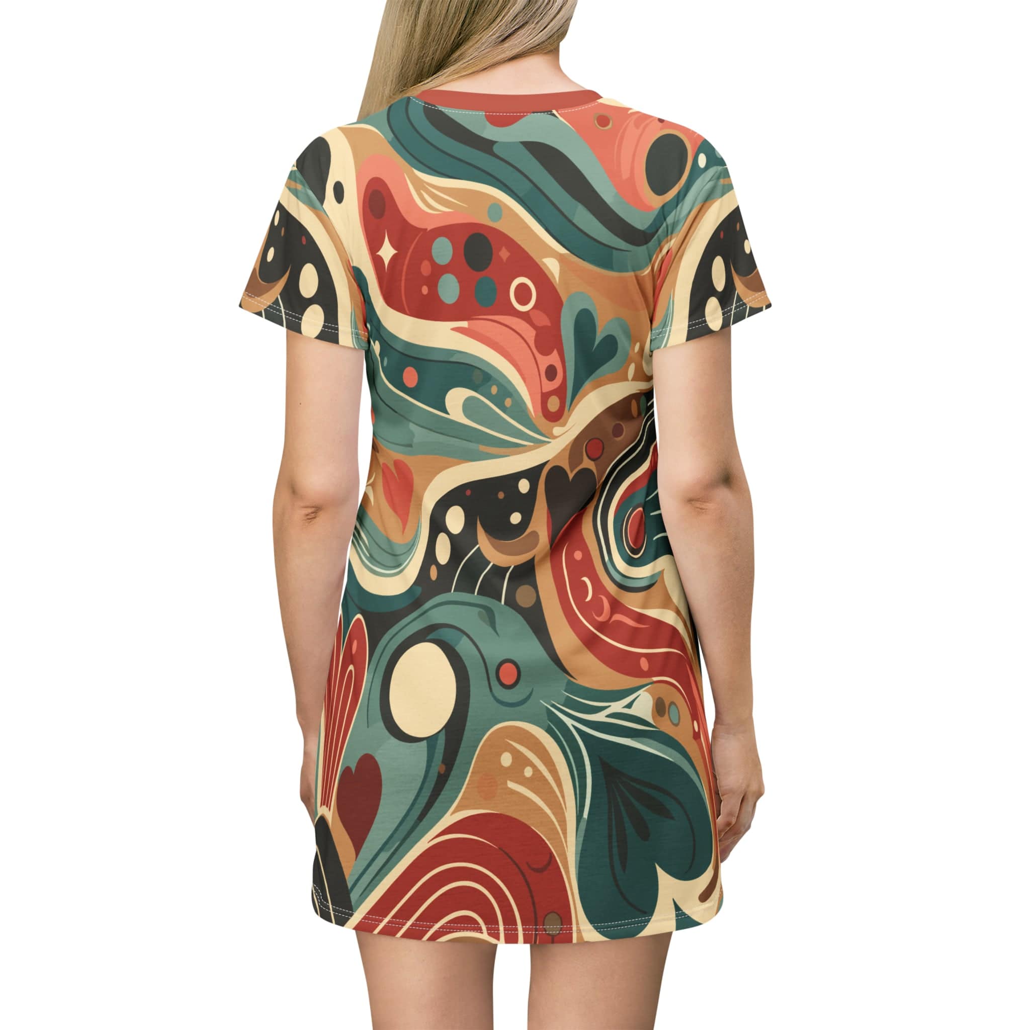 Printify Mid Mod Retro Swirl T-Shirt Dress, Groovy Hippie Psychedelic Hipster Style Party Dress All Over Prints