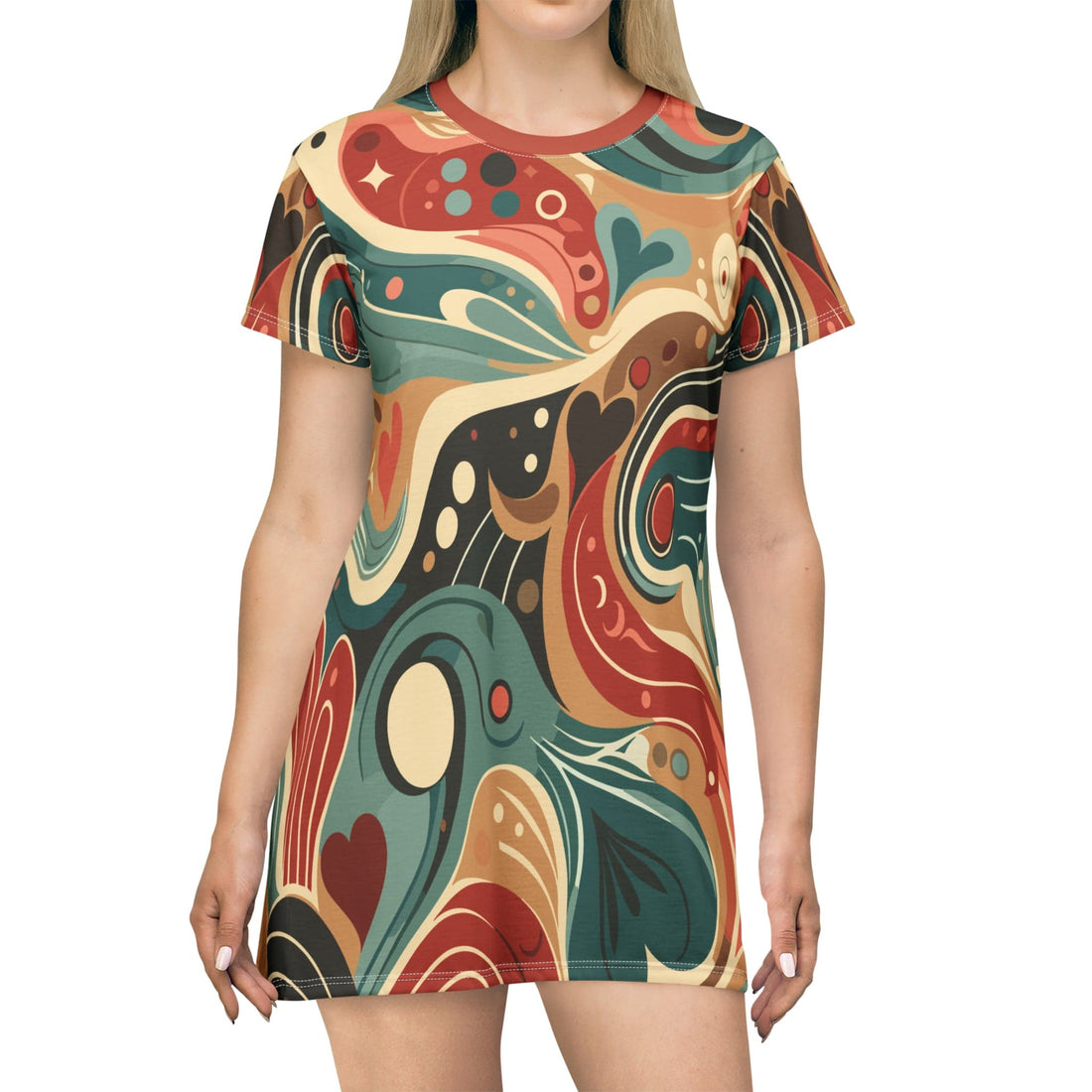 Printify Mid Mod Retro Swirl T-Shirt Dress, Groovy Hippie Psychedelic Hipster Style Party Dress All Over Prints XS 20885766076154020690