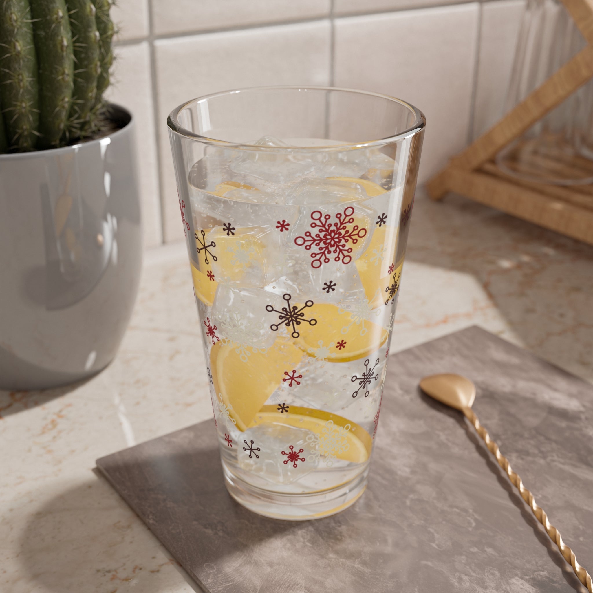 Kate McEnroe New York Mid Mod Retro Vintage Christmas Snowflakes Starbursts Pint Glass, MCM Holiday Cocktail Bar GlassPint Glasses13098944330230563657