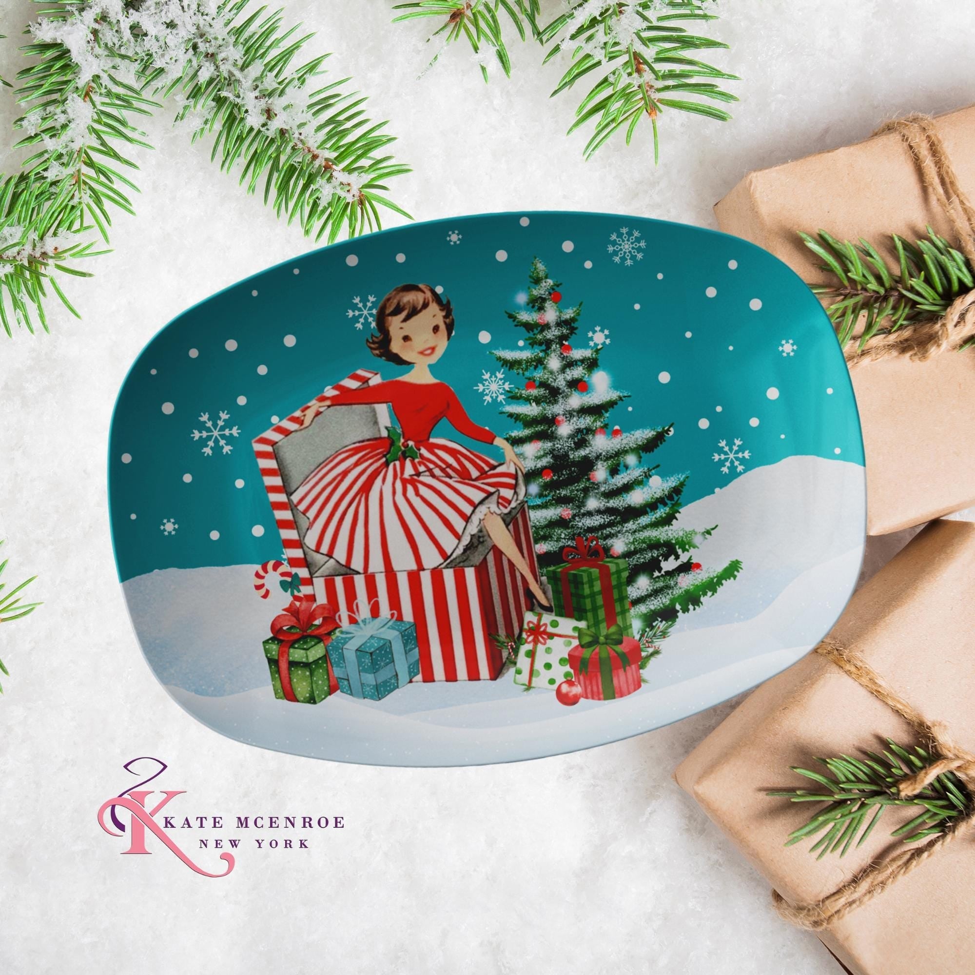 Kate McEnroe New York Mid Mod Snowy Christmas Party Platter, Retro Vintage Kitsch Holiday TrayServing PlattersMM - SNOWY - PLTR