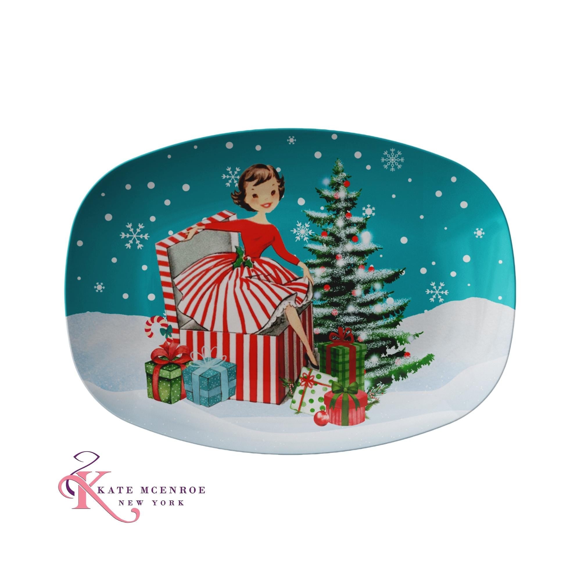 Kate McEnroe New York Mid Mod Snowy Christmas Party Platter, Retro Vintage Kitsch Holiday TrayServing PlattersMM - SNOWY - PLTR