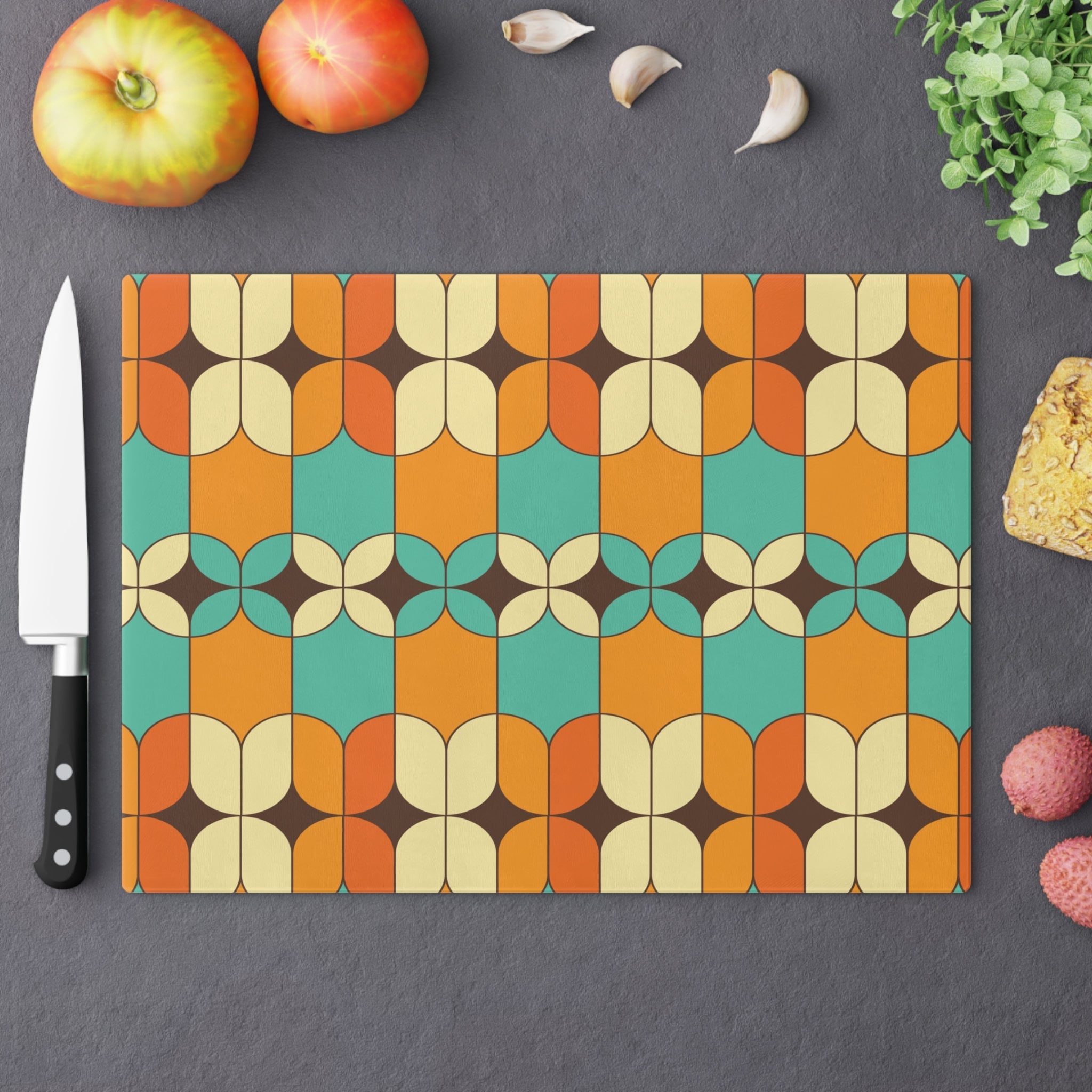 Kate McEnroe New York Mid Mod Vintage Atomic Age Glass Cutting Board, Geometric Tempered Glass Chopping Board, Retro Orange, Turquoise Mid Century Modern KitchenCutting Boards25031244218093154052