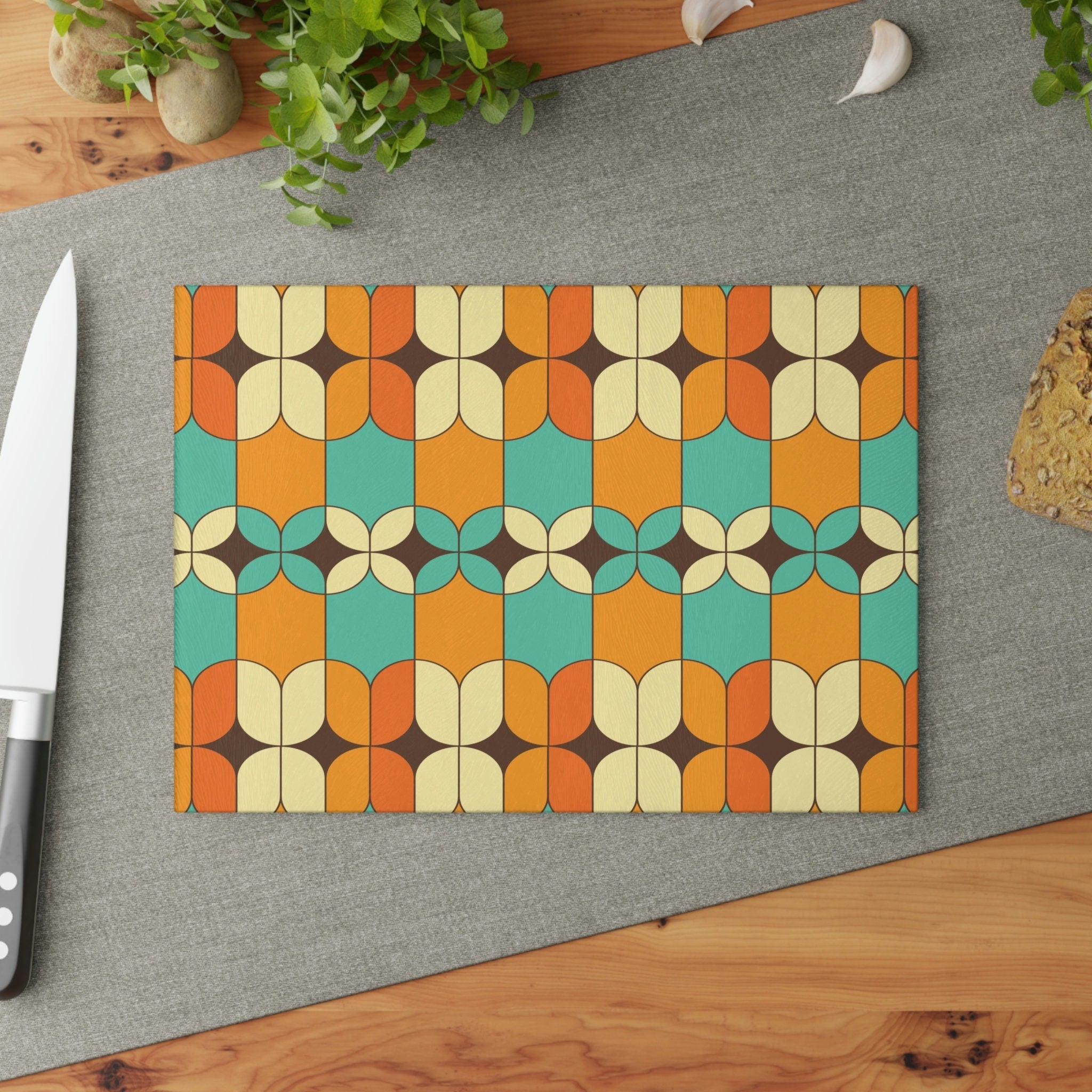Kate McEnroe New York Mid Mod Vintage Atomic Age Glass Cutting Board, Geometric Tempered Glass Chopping Board, Retro Orange, Turquoise Mid Century Modern KitchenCutting Boards25031244218093154052