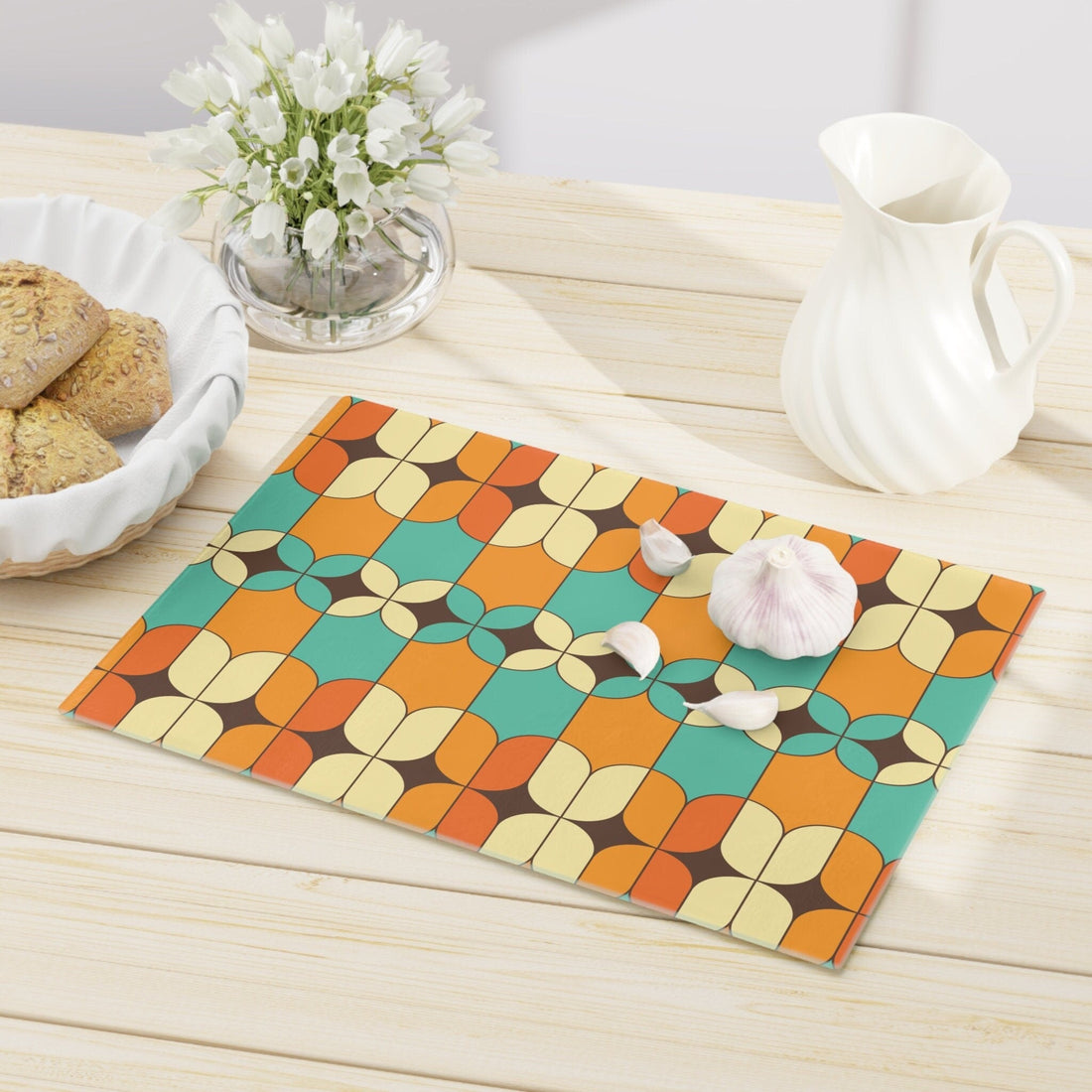 Kate McEnroe New York Mid Mod Vintage Atomic Age Glass Cutting Board, Geometric Tempered Glass Chopping Board, Retro Orange, Turquoise Mid Century Modern KitchenCutting Boards25031244218093154052