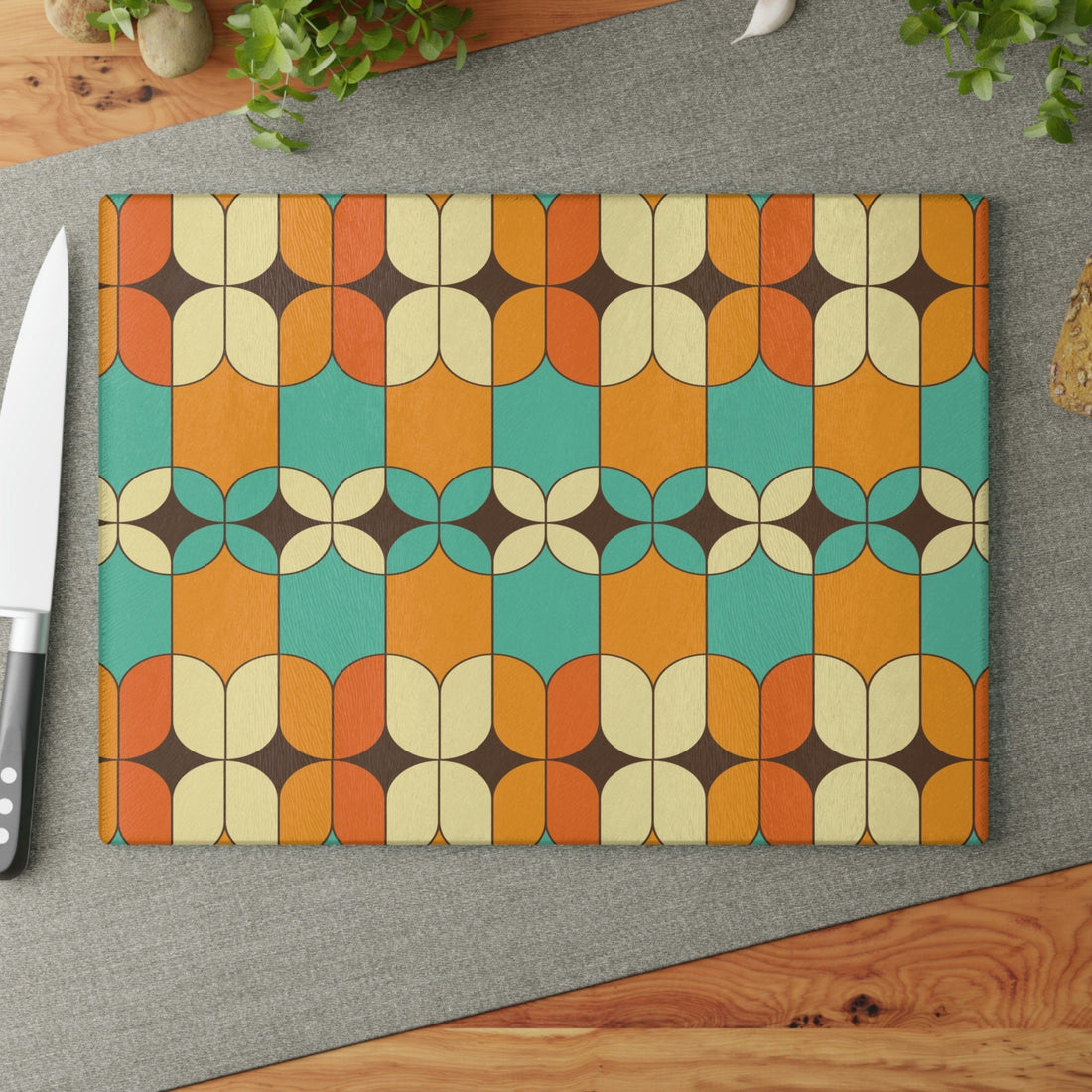 Kate McEnroe New York Mid Mod Vintage Atomic Age Glass Cutting Board, Geometric Tempered Glass Chopping Board, Retro Orange, Turquoise Mid Century Modern KitchenCutting Boards25031244218093154052