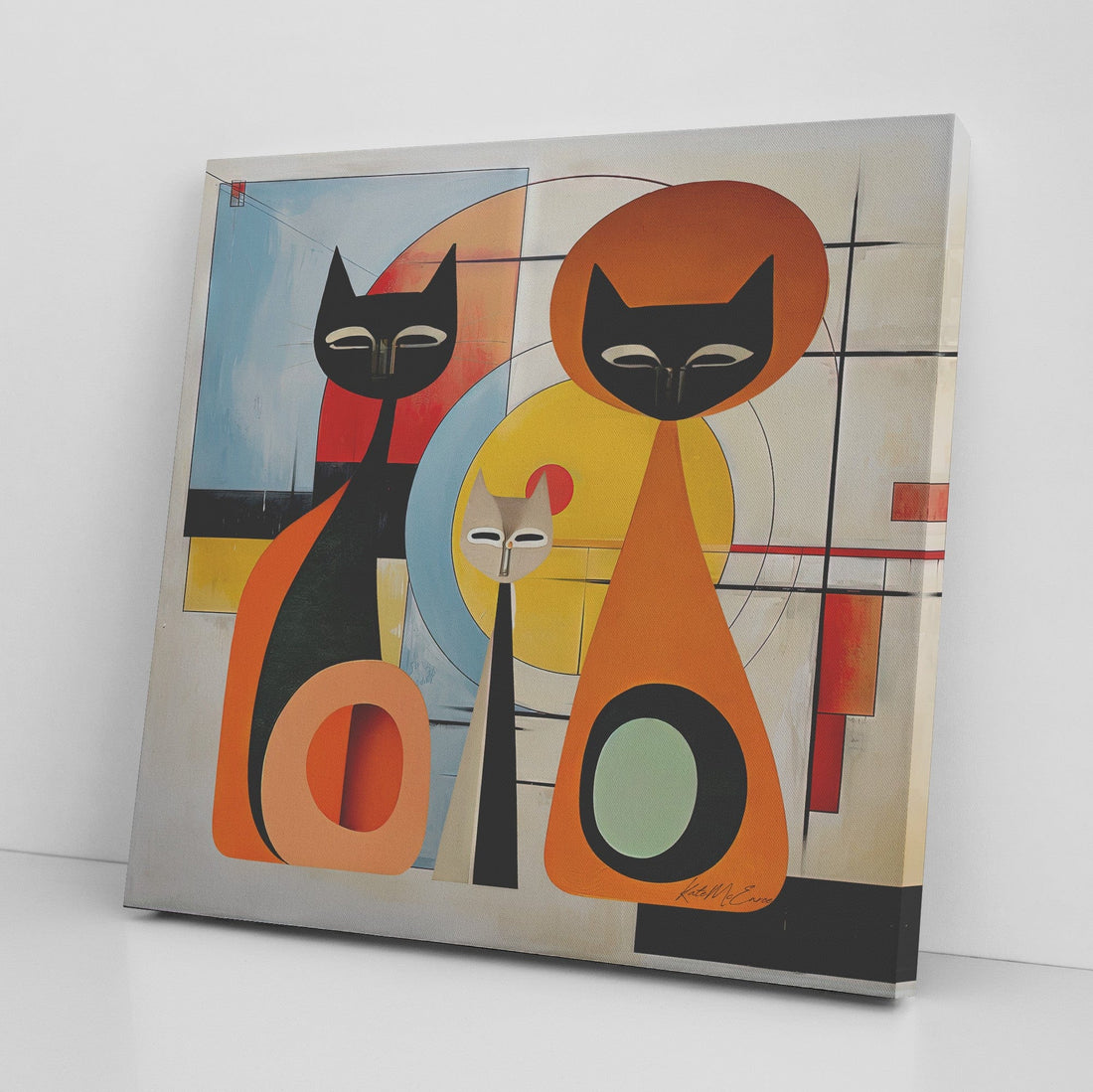 teelaunch Mid Modernist Bauhaus Cat Family Minimalist Wall Art Wall Art