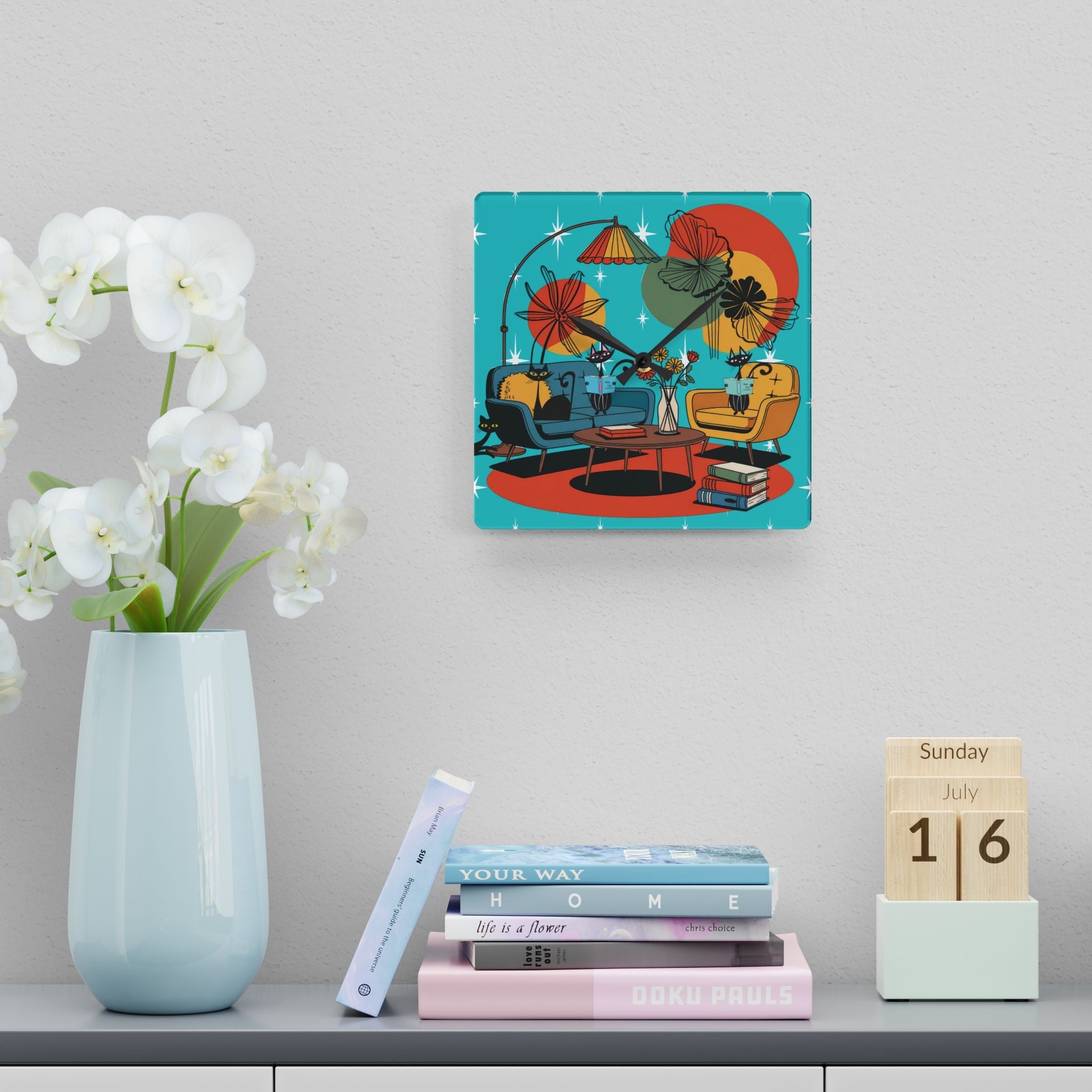 Kate McEnroe New York Mod Lounge Atomic Cat Clock, 1950s Retro Book Nook Wall Accent, MCM Starburst Floral DecorWall Clocks15899041764349184307