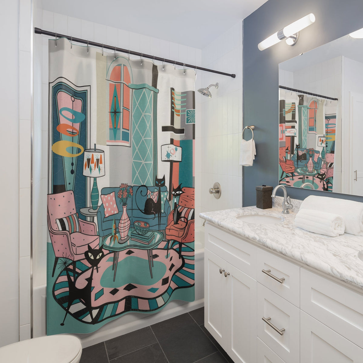 Kate McEnroe New York Mod Lounge Atomic Cat Shower Curtain, Mid Century Modern Retro Bathroom Panel, 50s Kitsch Cat DecorShower Curtains70205880000696286556