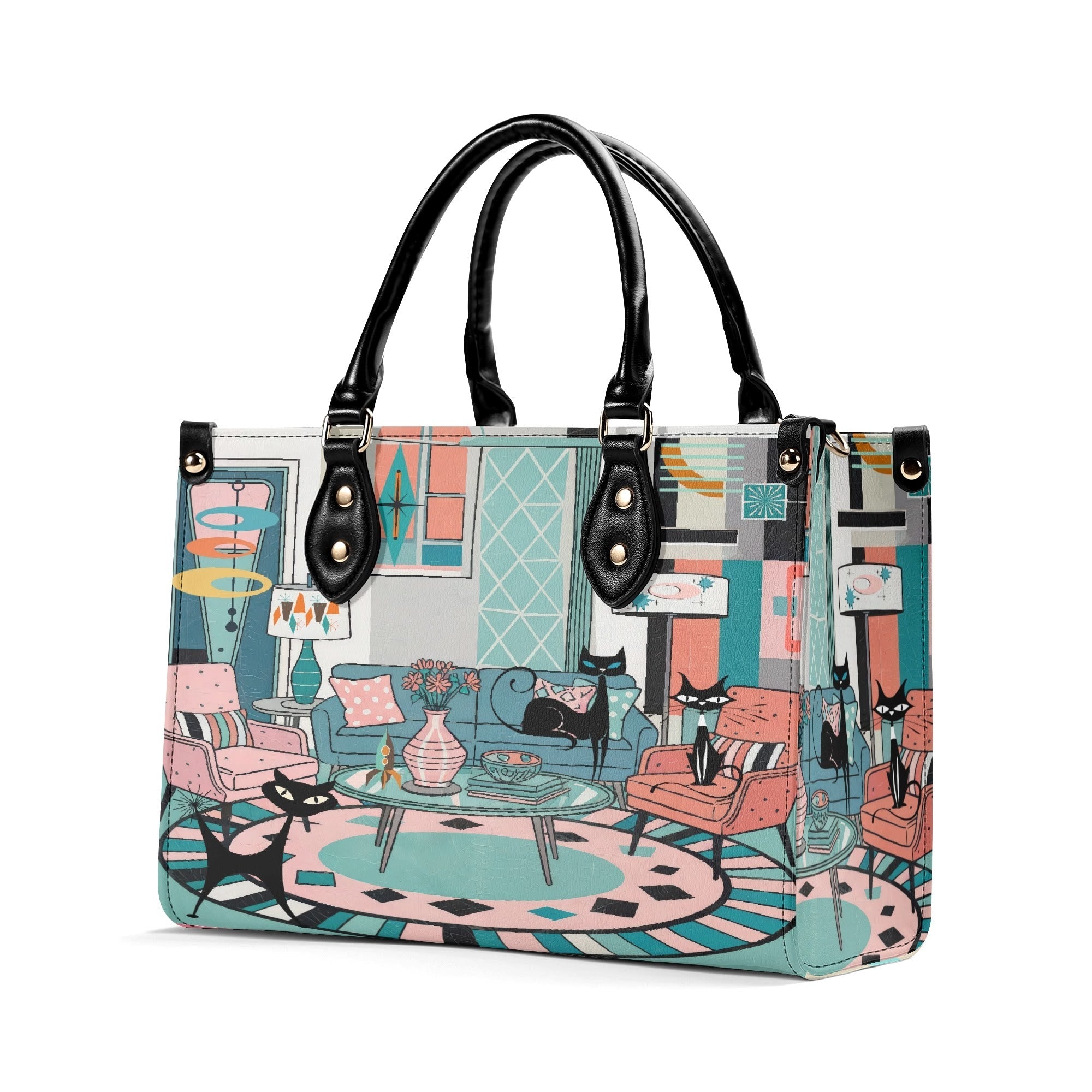 Kate McEnroe New York Mod Lounge Atomic Kitsch Cat Satchel, Retro Mid Century Modern Sputnik HandbagHandbagsYP63800N - 1