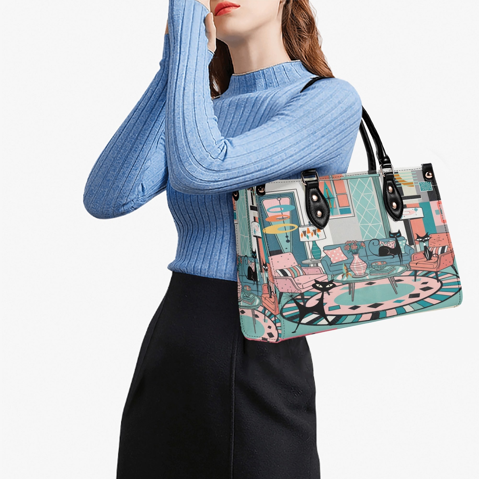 Kate McEnroe New York Mod Lounge Atomic Kitsch Cat Satchel, Retro Mid Century Modern Sputnik HandbagHandbagsYP63800N - 1