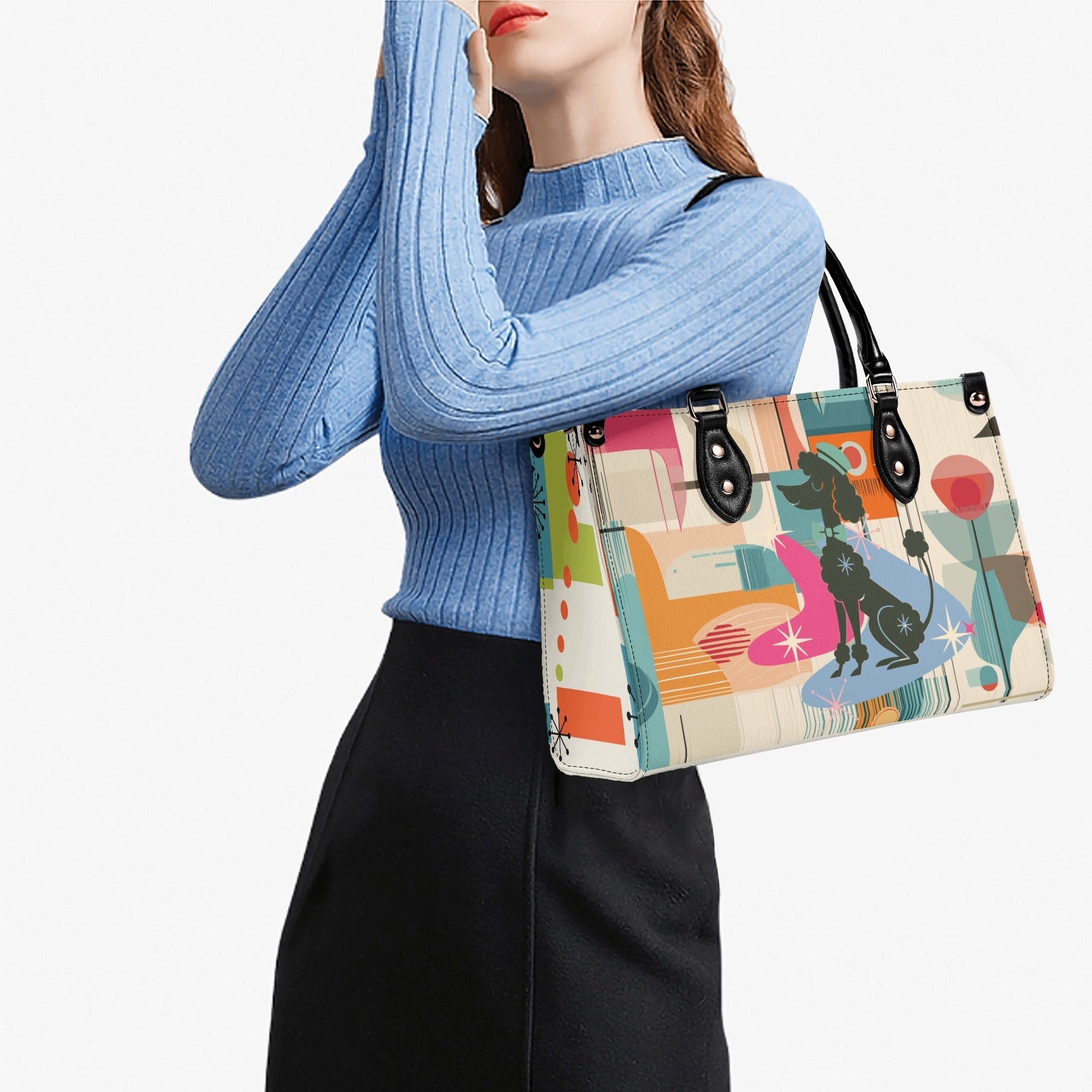 Kate McEnroe New York Mod Poodle Mid Century Modern Handbag, Retro Geometric Starburst Satchel, 50s Kitsch Atomic Shoulder BagHandbagsN4MX86GW - 1