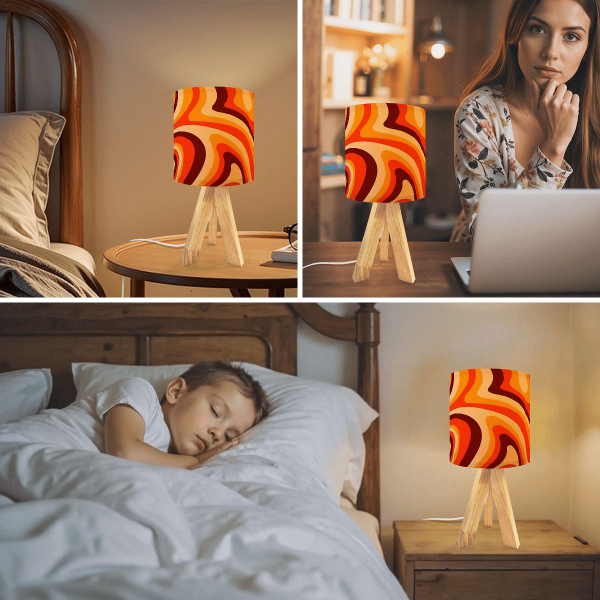 Mod Psychedelic Tripod Table Lamp, Retro 70s Swirl Lighting, Mid
