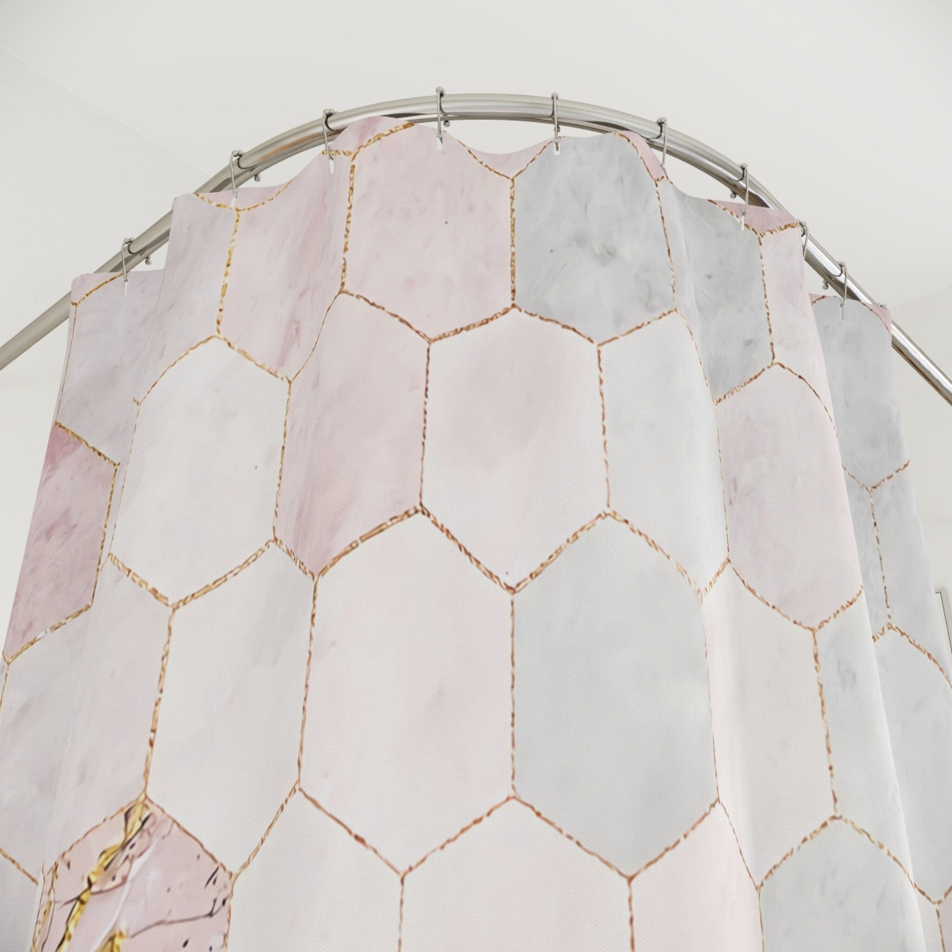Kate McEnroe New York Modern Geometric Tiles Marble Print Shower Curtain, Stylish Bathroom Decor, Pink, Grey, Light Blue Marble Bath Curtains, Contemporary Bath Shower Curtains