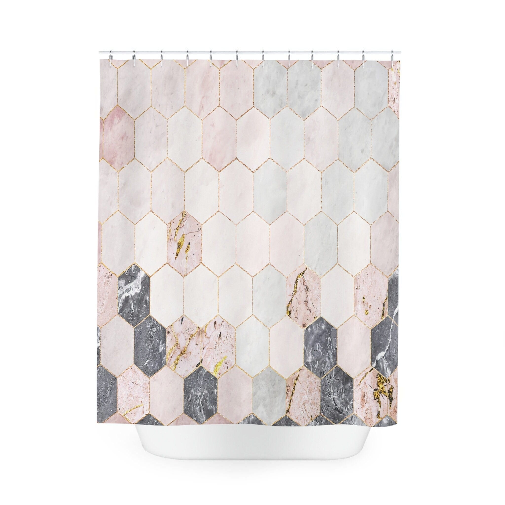 Kate McEnroe New York Modern Geometric Tiles Marble Print Shower Curtain, Stylish Bathroom Decor, Pink, Grey, Light Blue Marble Bath Curtains, Contemporary BathShower CurtainsSC - MAR - TIL - 7X7