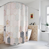 Kate McEnroe New York Modern Geometric Tiles Marble Print Shower Curtain, Stylish Bathroom Decor, Pink, Grey, Light Blue Marble Bath Curtains, Contemporary BathShower CurtainsSC - MAR - TIL - 7X7