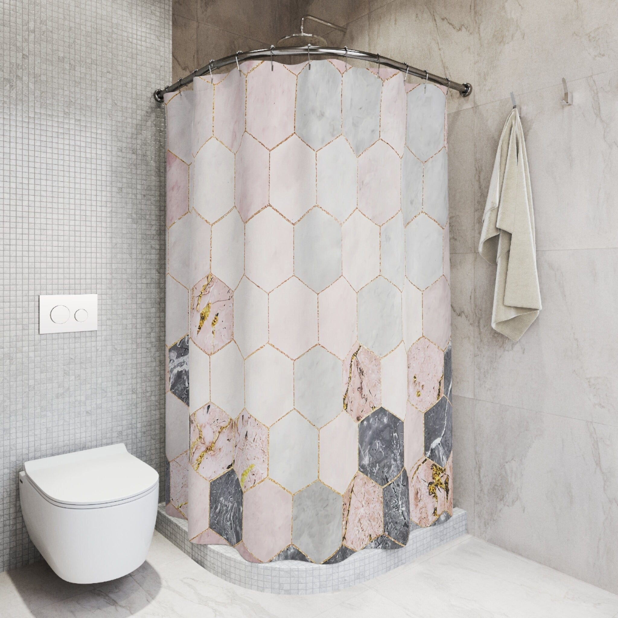 Kate McEnroe New York Modern Geometric Tiles Marble Print Shower Curtain, Stylish Bathroom Decor, Pink, Grey, Light Blue Marble Bath Curtains, Contemporary BathShower CurtainsSC - MAR - TIL - 7X7