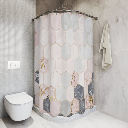 Kate McEnroe New York Modern Geometric Tiles Marble Print Shower Curtain, Stylish Bathroom Decor, Pink, Grey, Light Blue Marble Bath Curtains, Contemporary BathShower CurtainsSC - MAR - TIL - 7X7